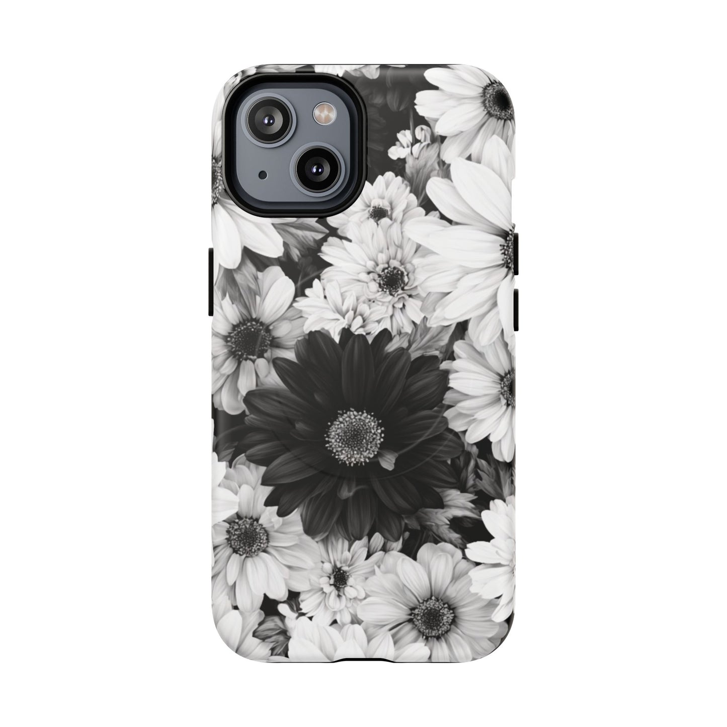 Black & White Floral Tough Magnetic Phone Case — Monochrome Daisy Protection