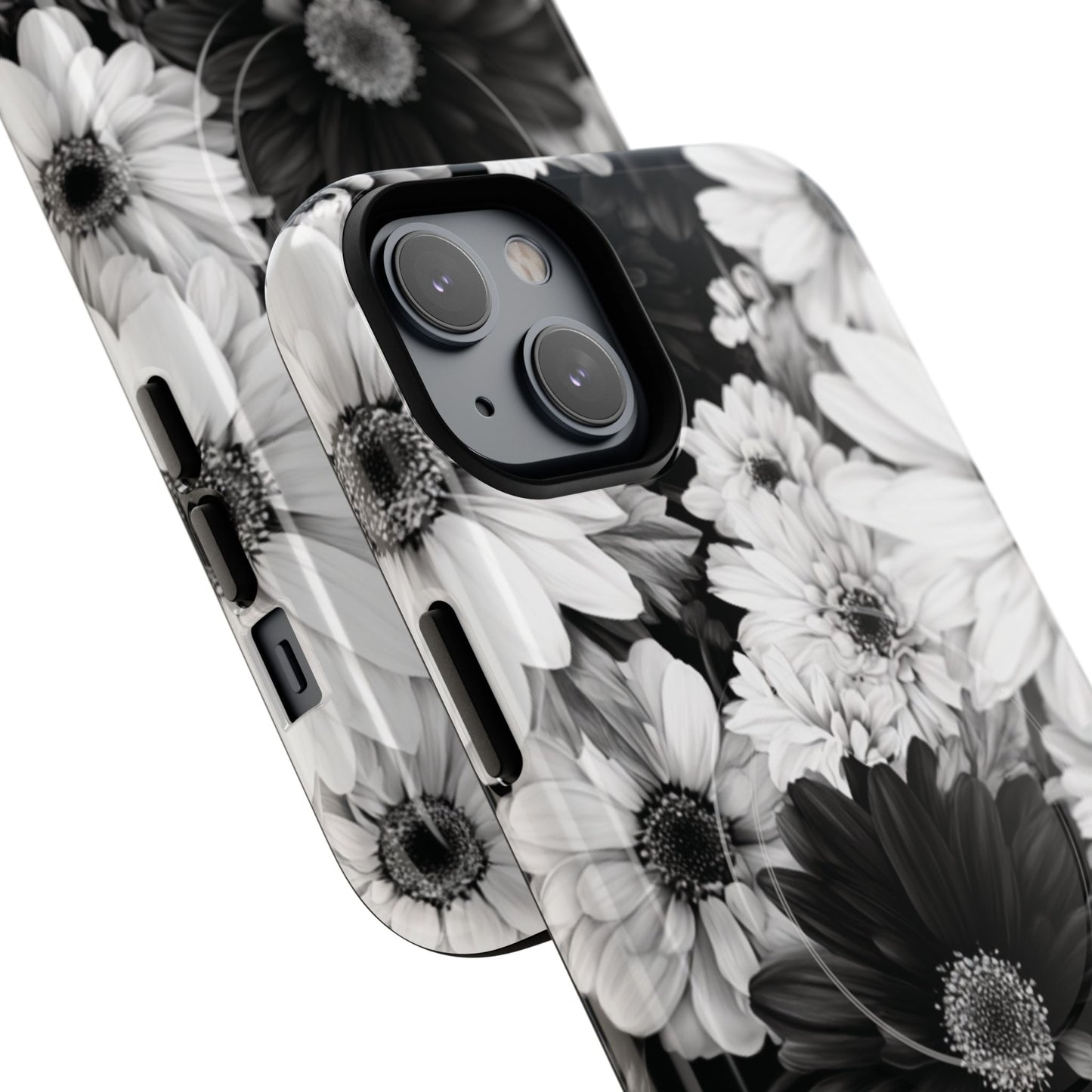 Black & White Floral Tough Magnetic Phone Case — Monochrome Daisy Protection