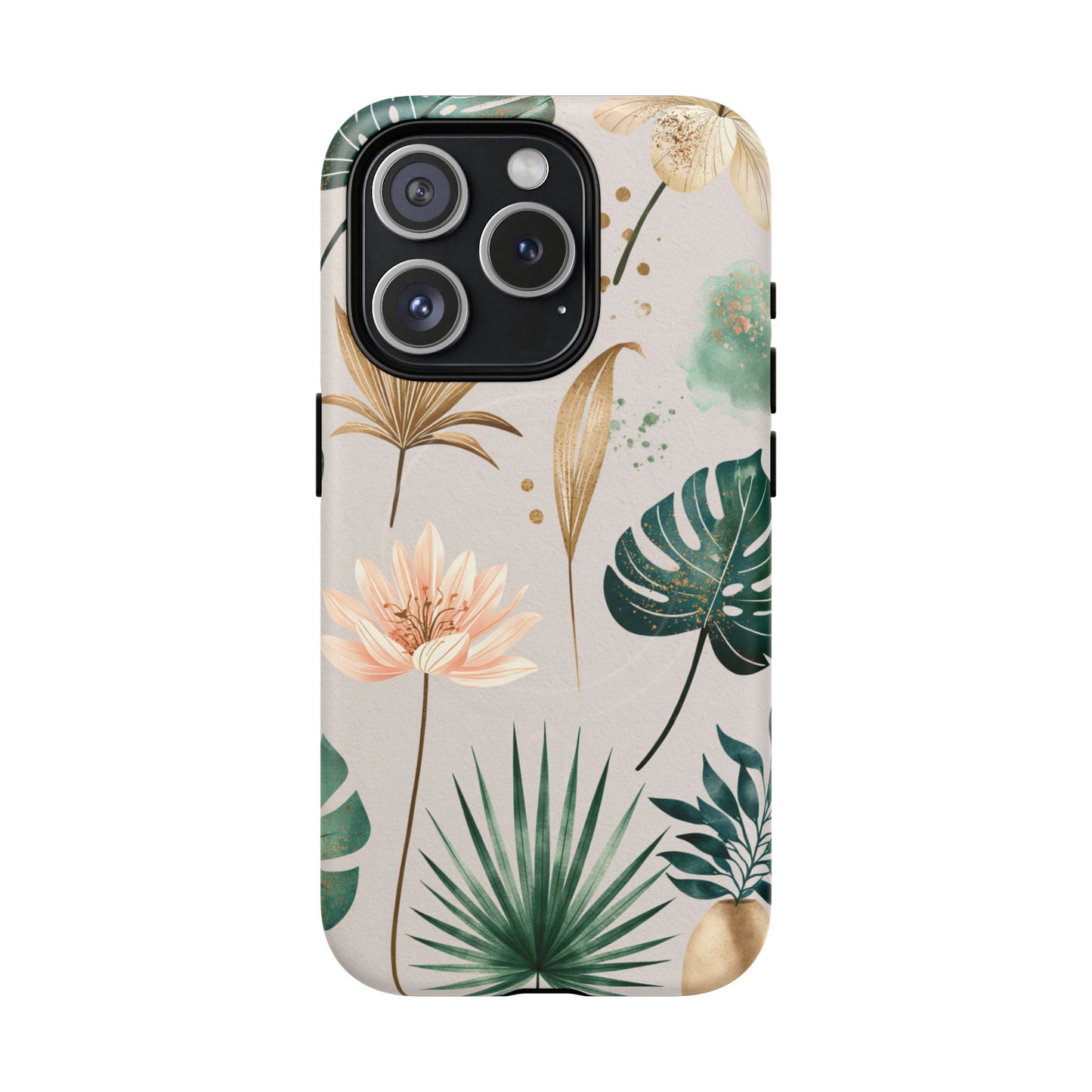 Floral Tropical Tough Magnetic Phone Case — Green Palm & Gold Leaf Design