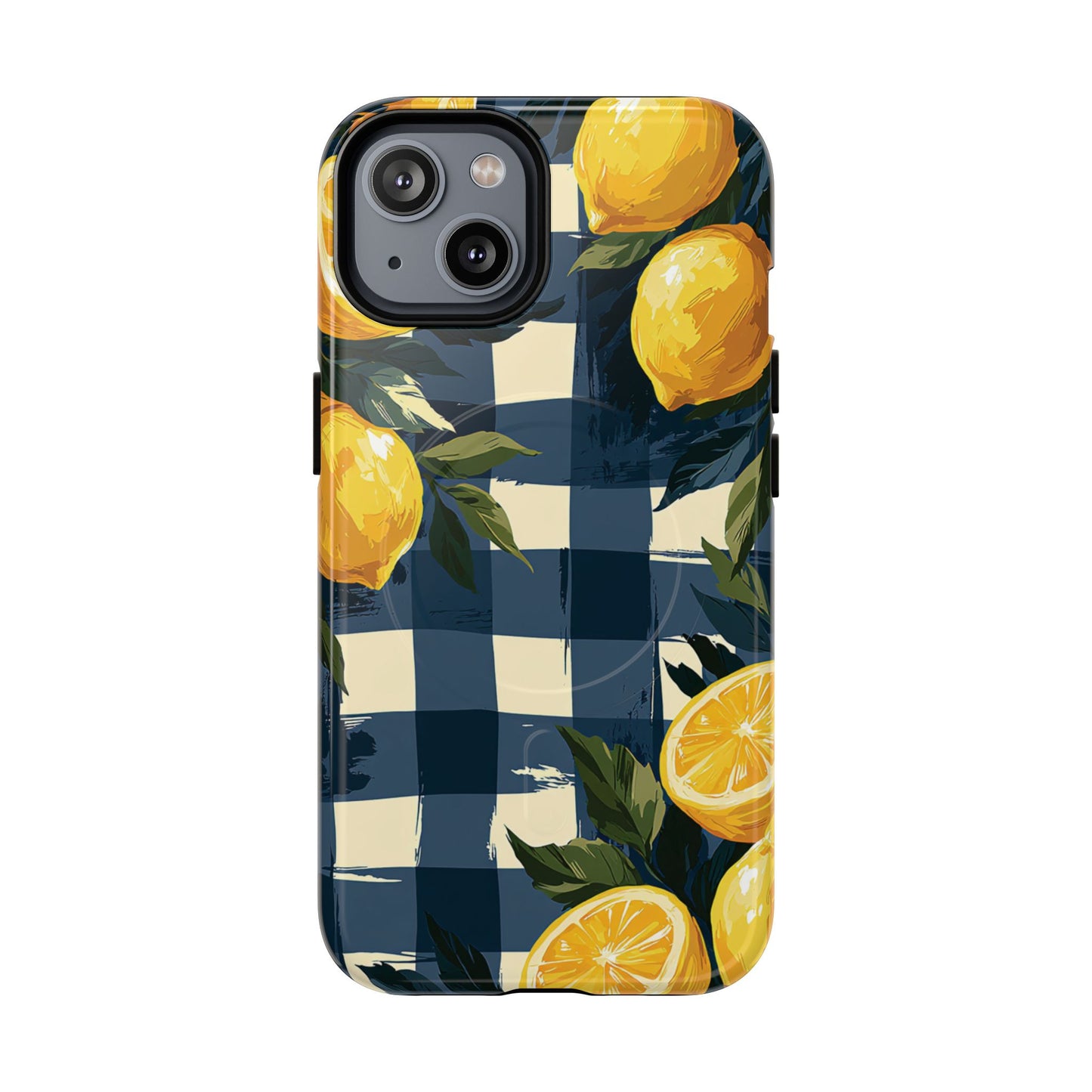 Lemon Check Tough Magnetic Phone Case — Blue Gingham Citrus Design