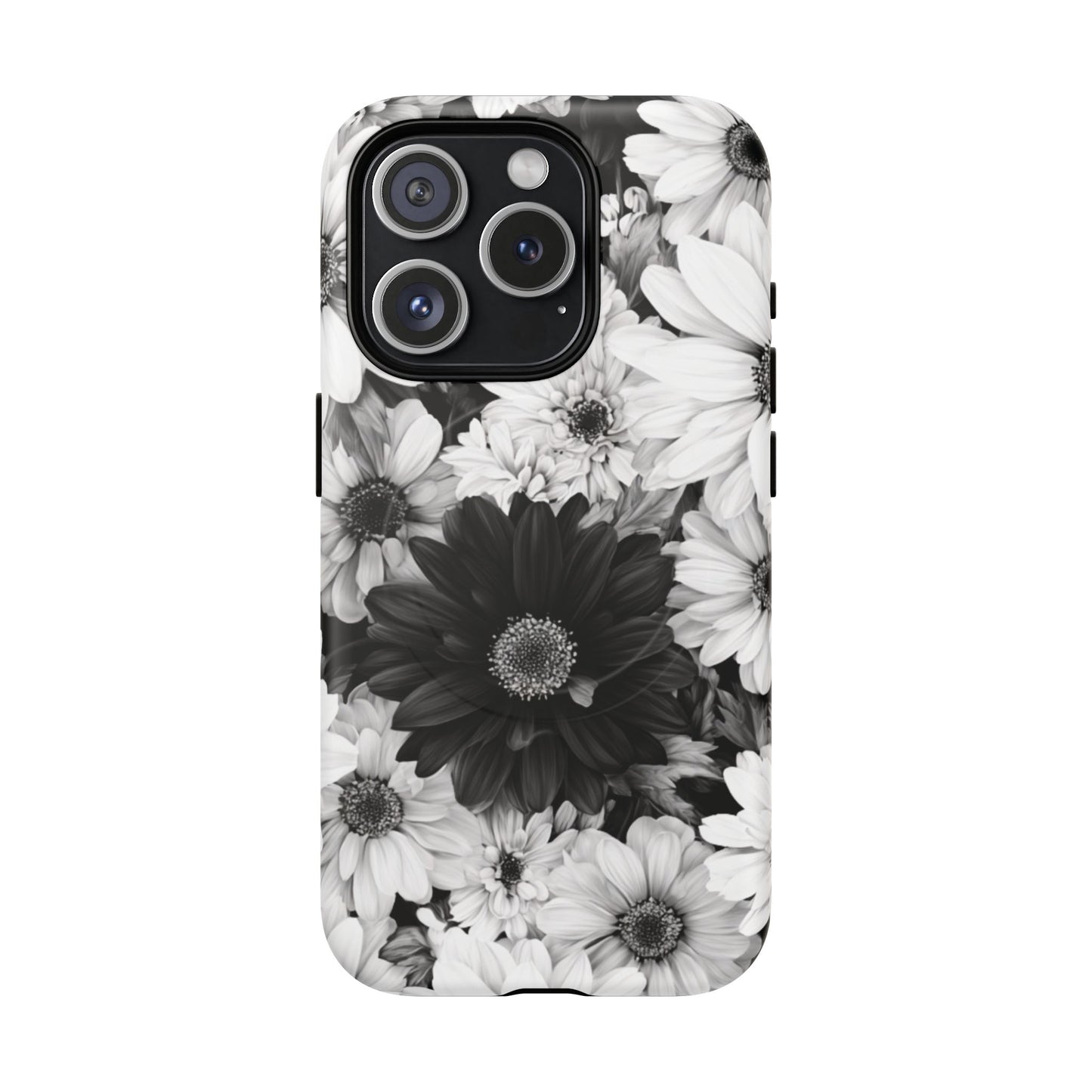 Black & White Floral Tough Magnetic Phone Case — Monochrome Daisy Protection