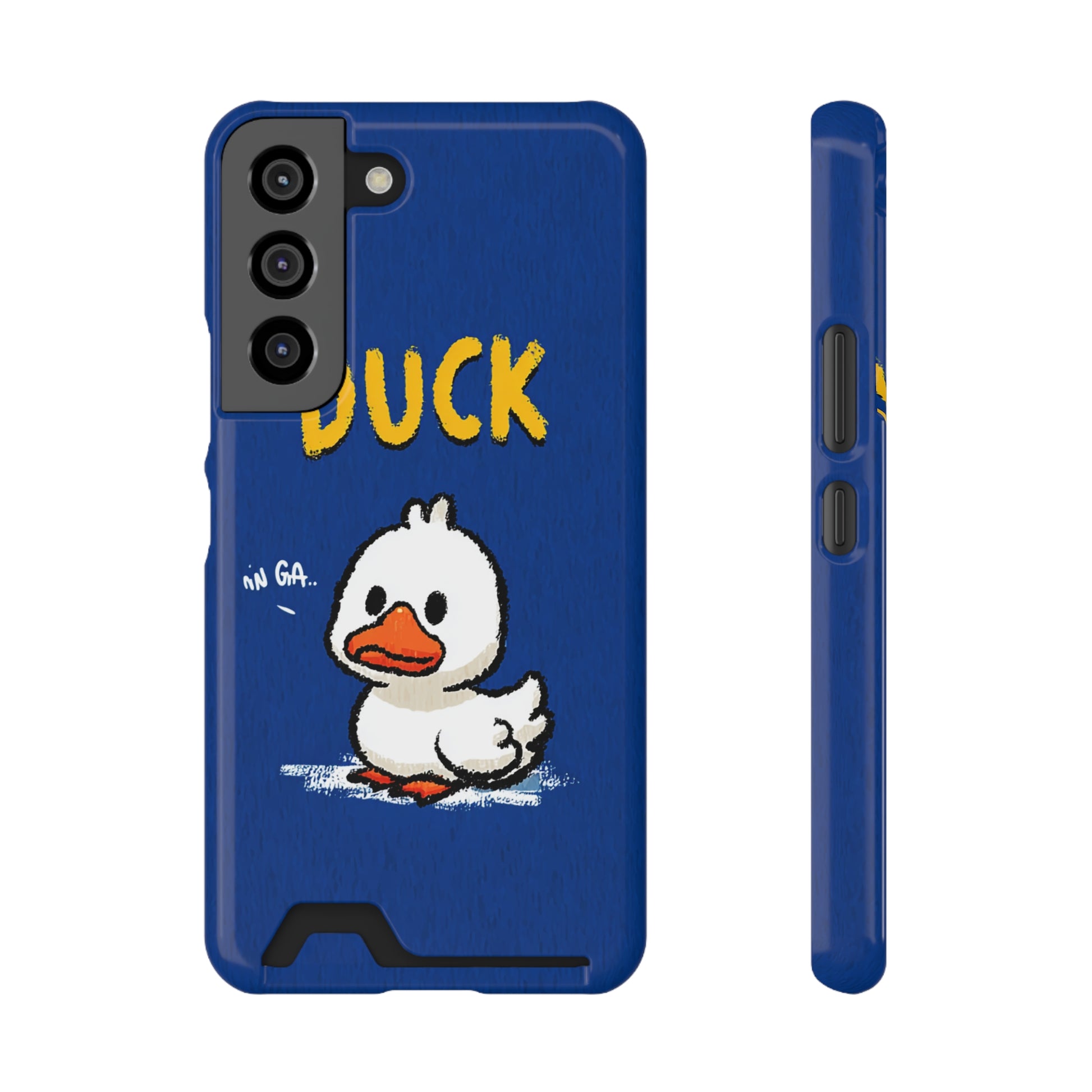 Cute duck design phone case with card holder on vibrant blue background in polycarbonate
