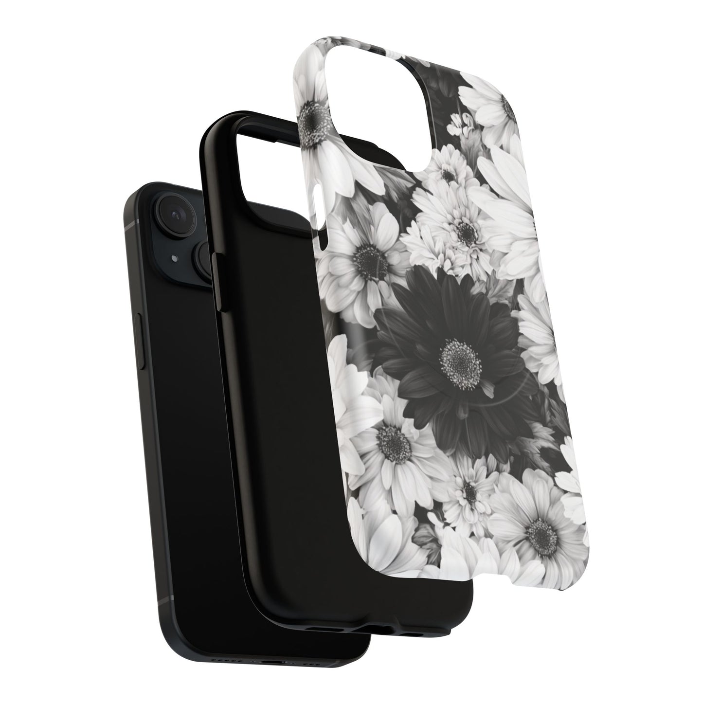 Black & White Floral Tough Magnetic Phone Case — Monochrome Daisy Protection