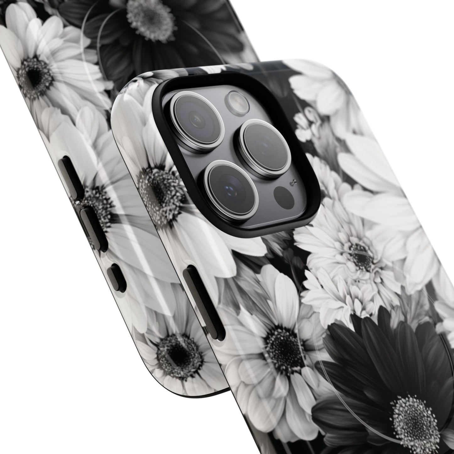 Black & White Floral Tough Magnetic Phone Case — Monochrome Daisy Protection