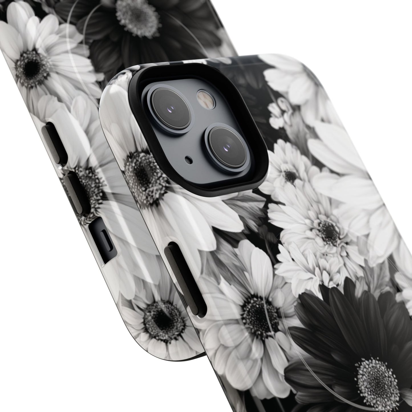 Black & White Floral Tough Magnetic Phone Case — Monochrome Daisy Protection