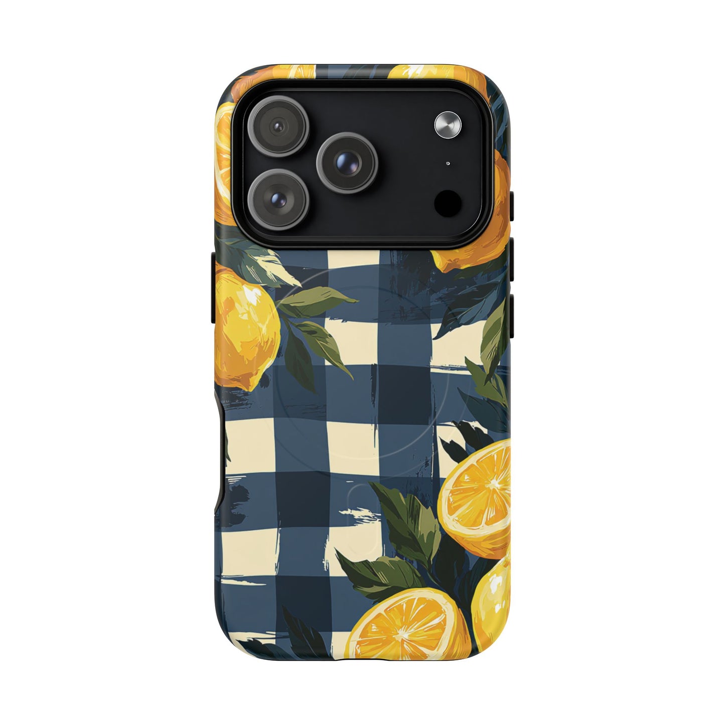 Lemon Check Tough Magnetic Phone Case — Blue Gingham Citrus Design