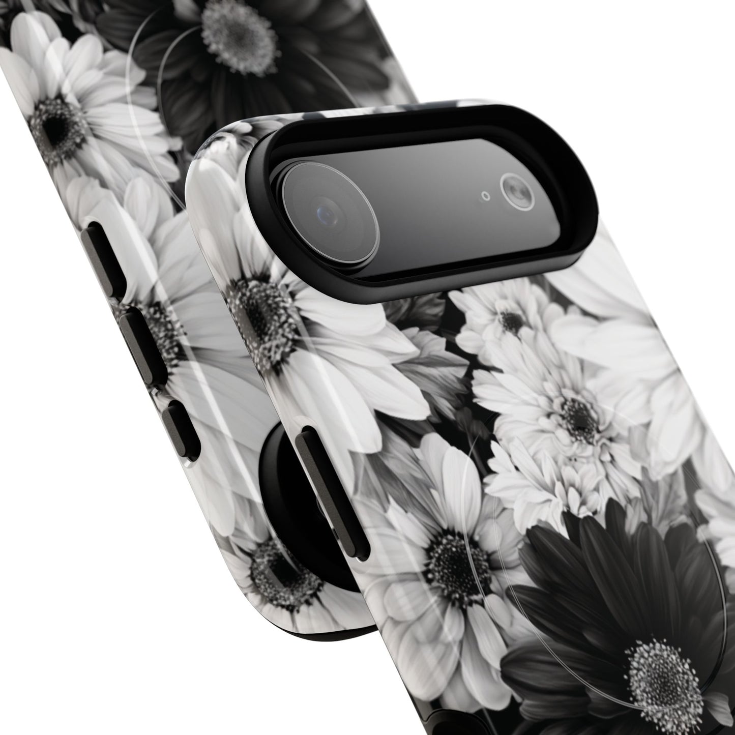 Black & White Floral Tough Magnetic Phone Case — Monochrome Daisy Protection
