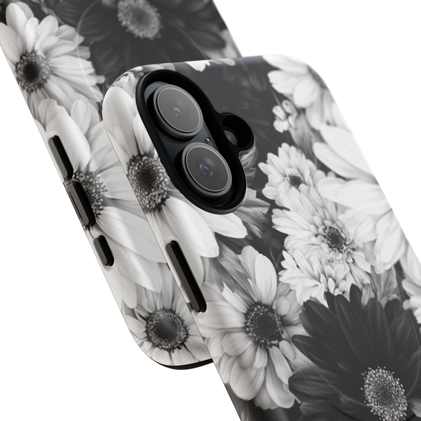 Black & White Floral Tough Magnetic Phone Case — Monochrome Daisy Protection