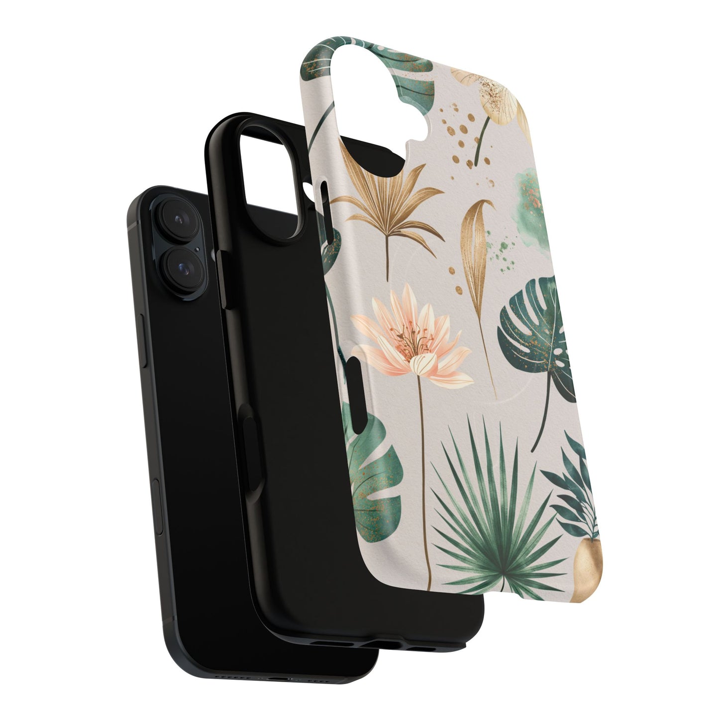 Floral Tropical Tough Magnetic Phone Case — Green Palm & Gold Leaf Design