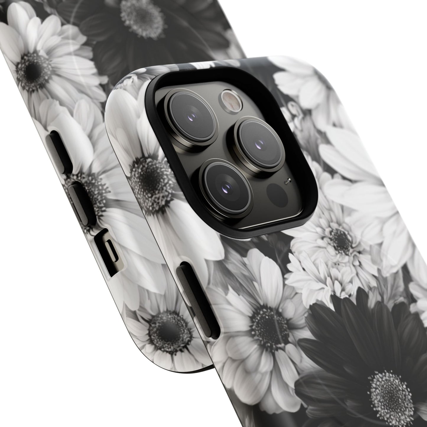 Black & White Floral Tough Magnetic Phone Case — Monochrome Daisy Protection