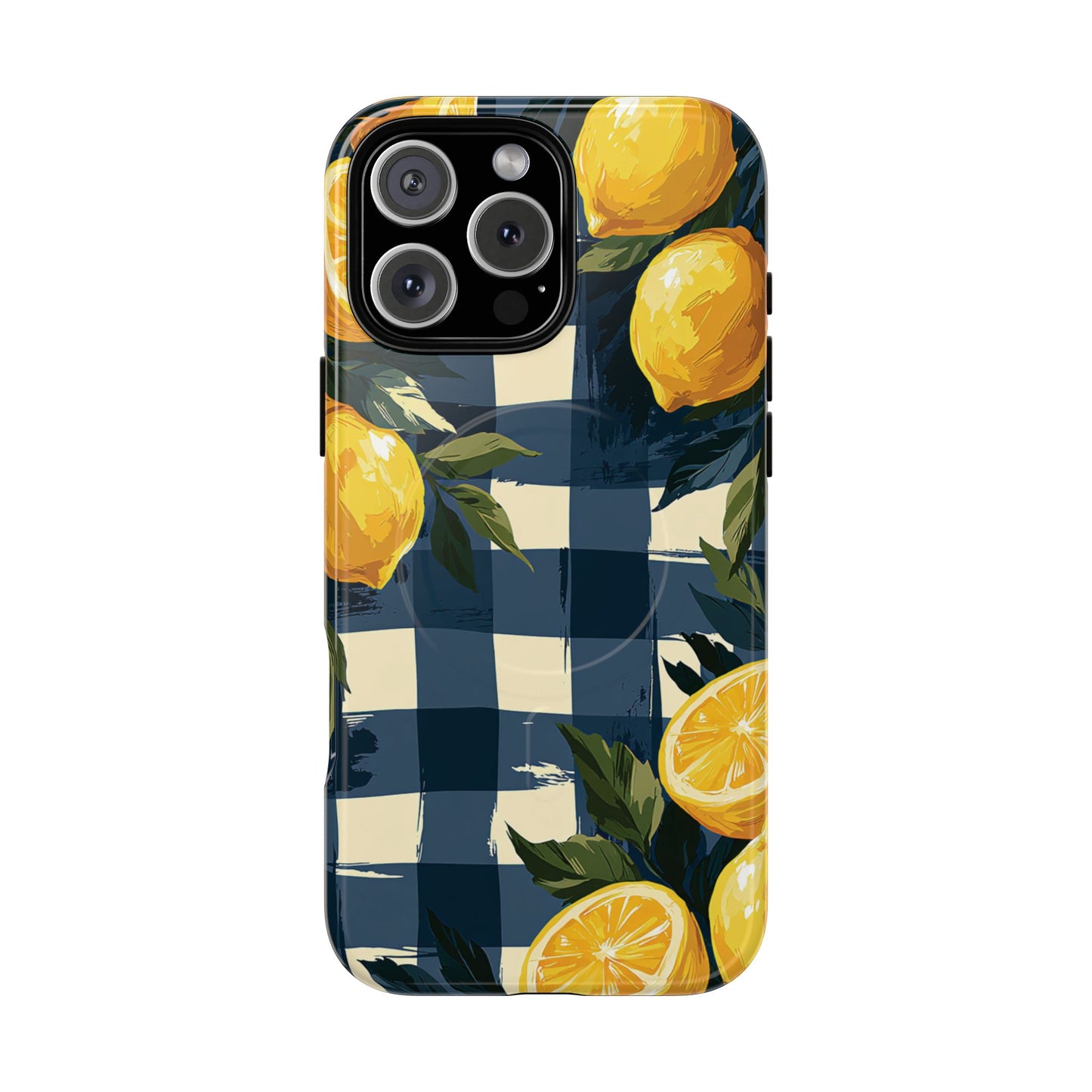 Lemon Check Tough Magnetic Phone Case — Blue Gingham Citrus Design
