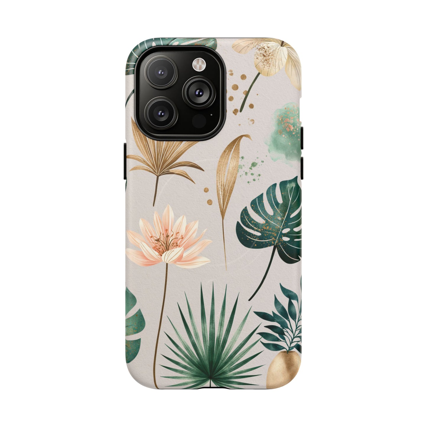 Floral Tropical Tough Magnetic Phone Case — Green Palm & Gold Leaf Design