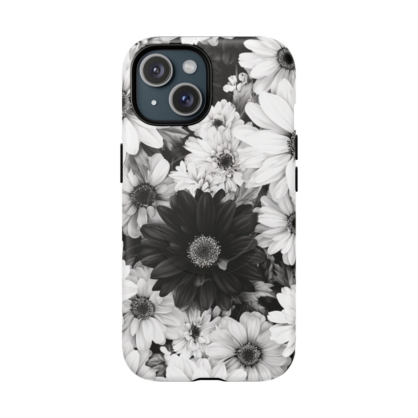 Black & White Floral Tough Magnetic Phone Case — Monochrome Daisy Protection