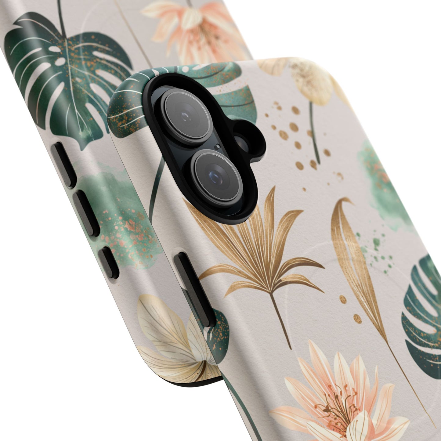 Floral Tropical Tough Magnetic Phone Case — Green Palm & Gold Leaf Design