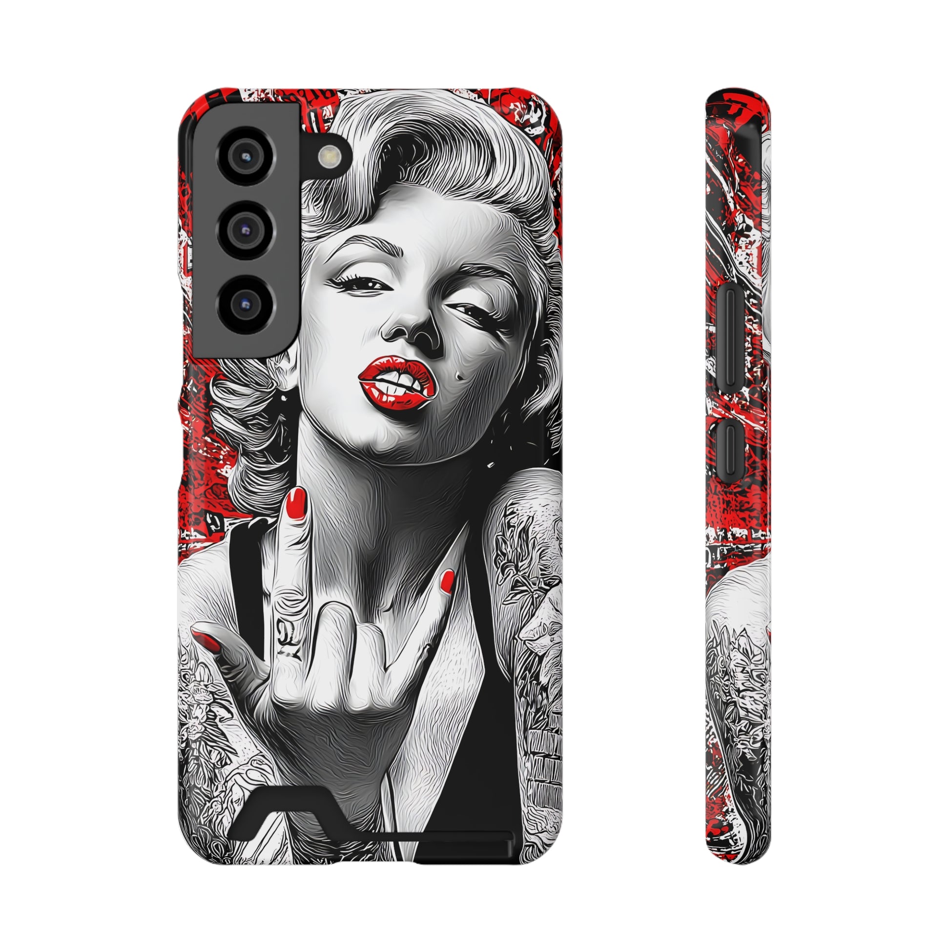Marilyn Monroe phone case with built-in card holder slot featuring vintage pop art design