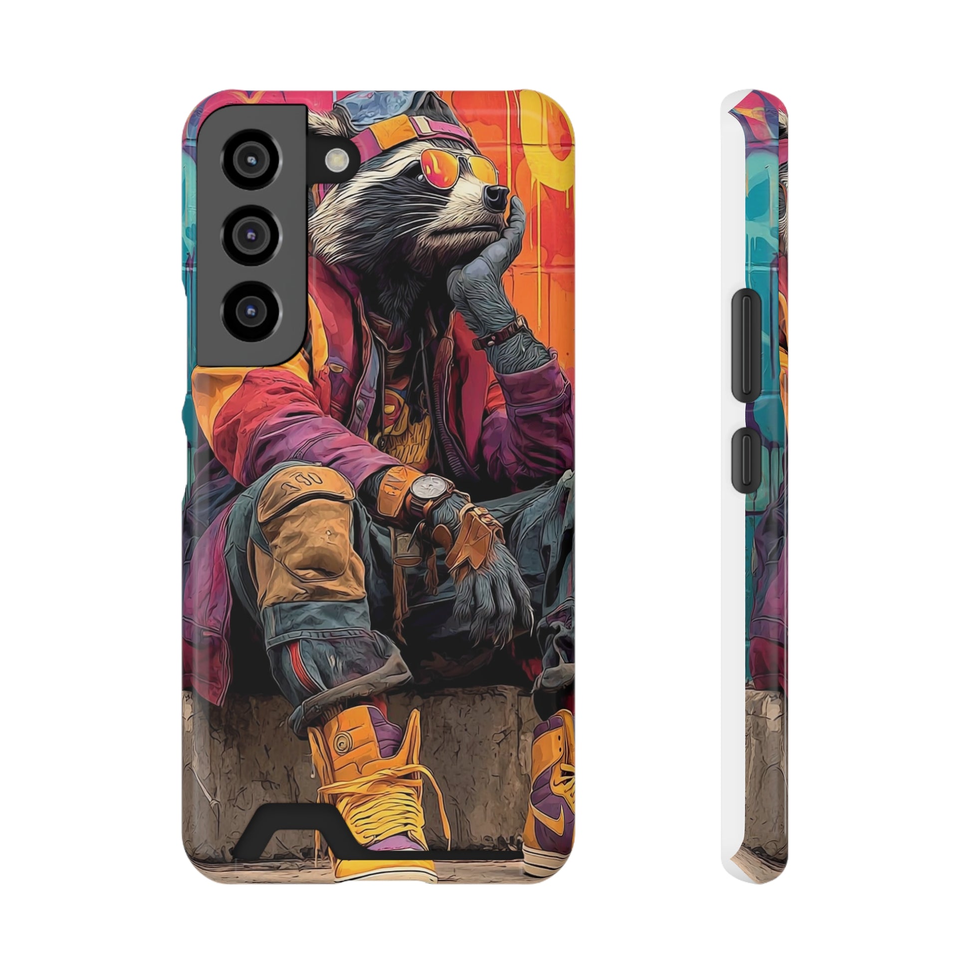 Phone case with card holder slot featuring a bold colorful urban street art design in vibrant graphic style