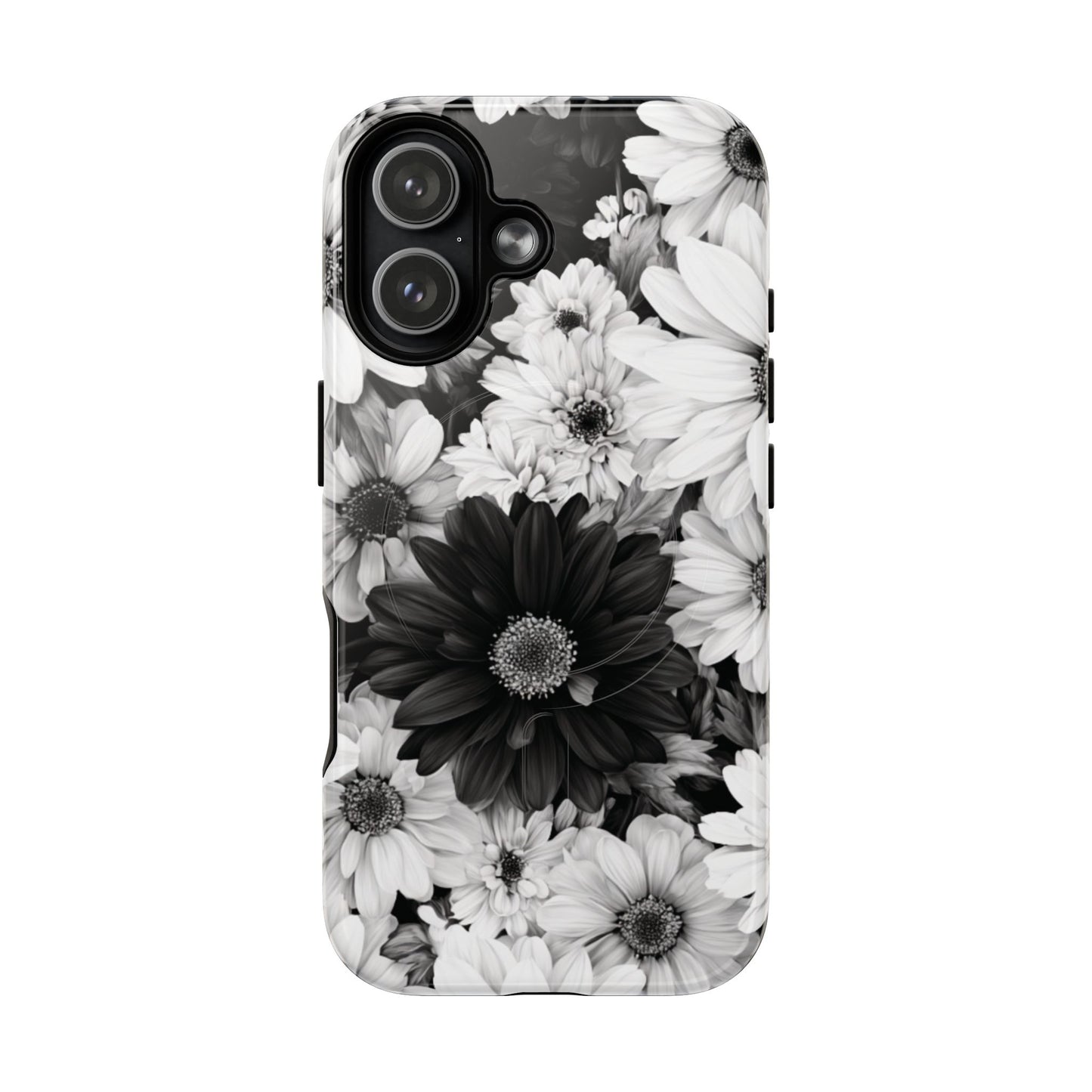 Black & White Floral Tough Magnetic Phone Case — Monochrome Daisy Protection