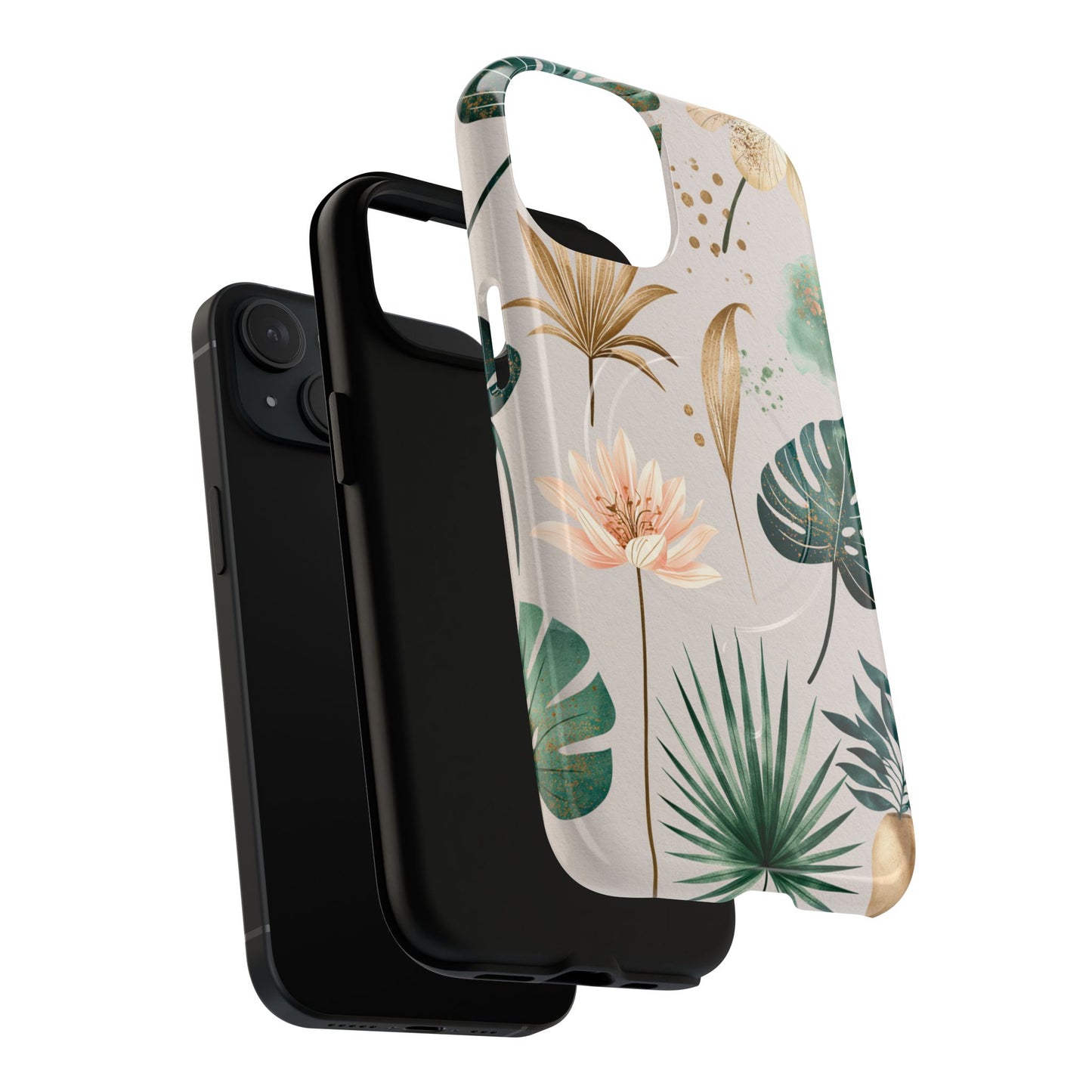 Floral Tropical Tough Magnetic Phone Case — Green Palm & Gold Leaf Design