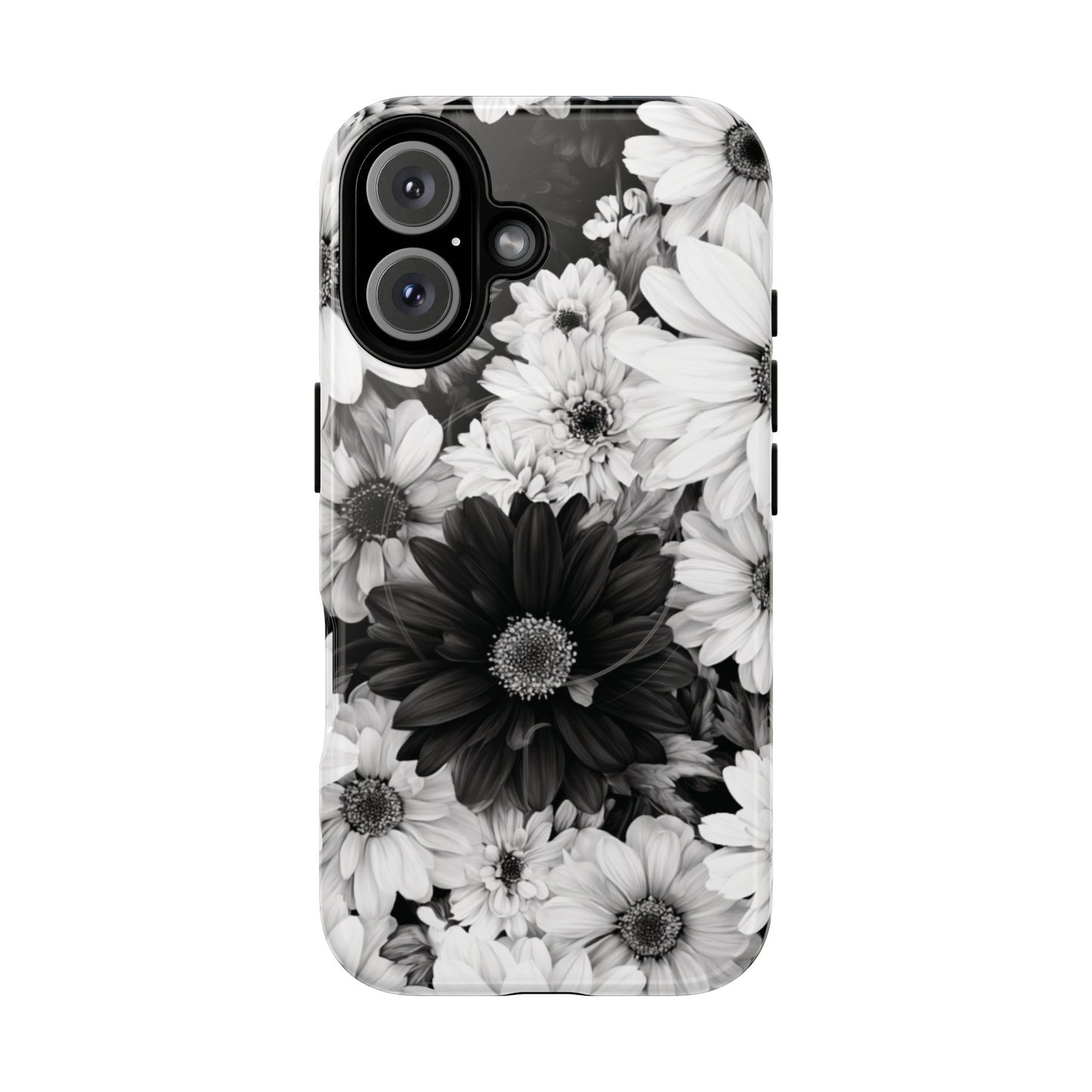 Black & White Floral Tough Magnetic Phone Case — Monochrome Daisy Protection