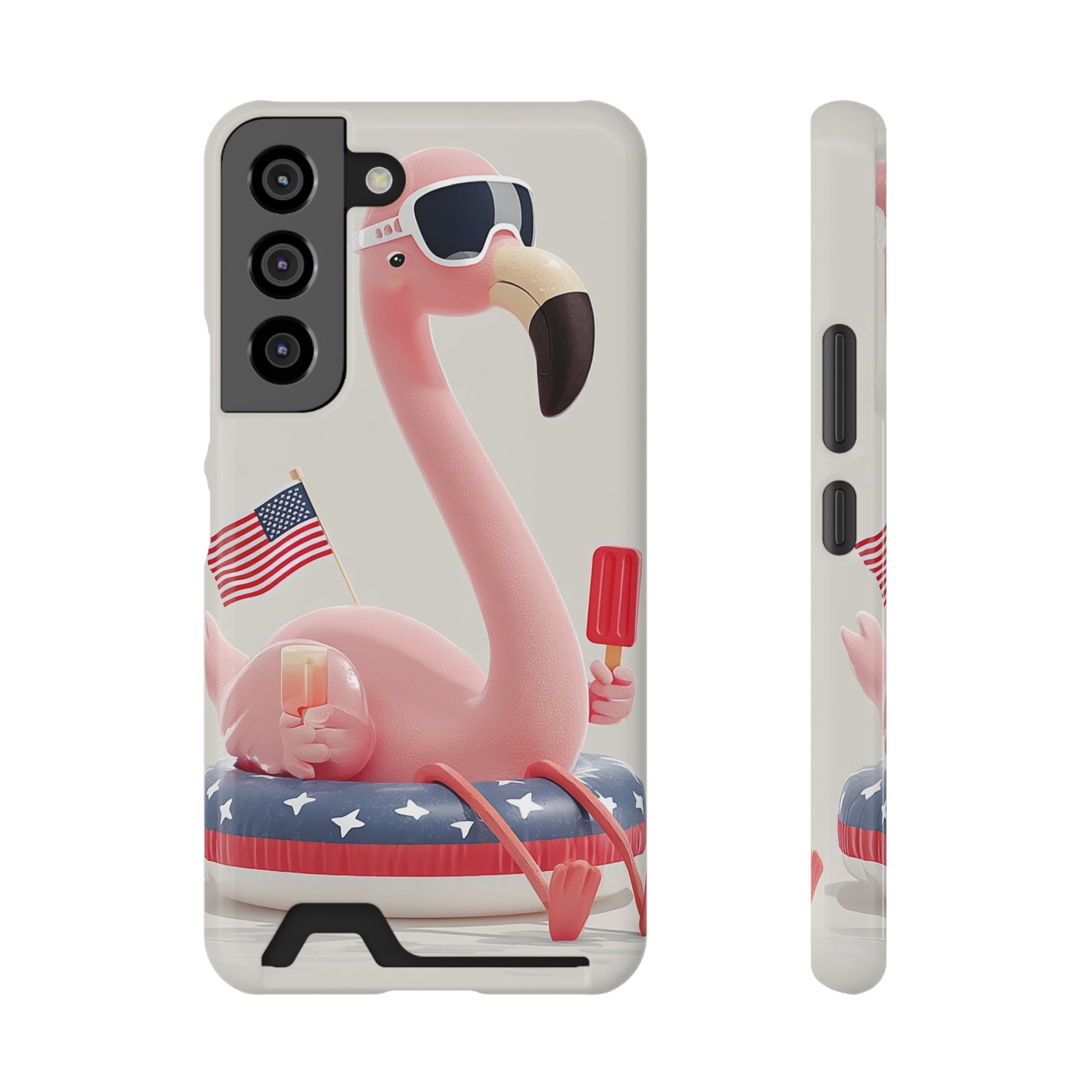 Pink flamingo phone case with card holder slot, tropical summer design on back