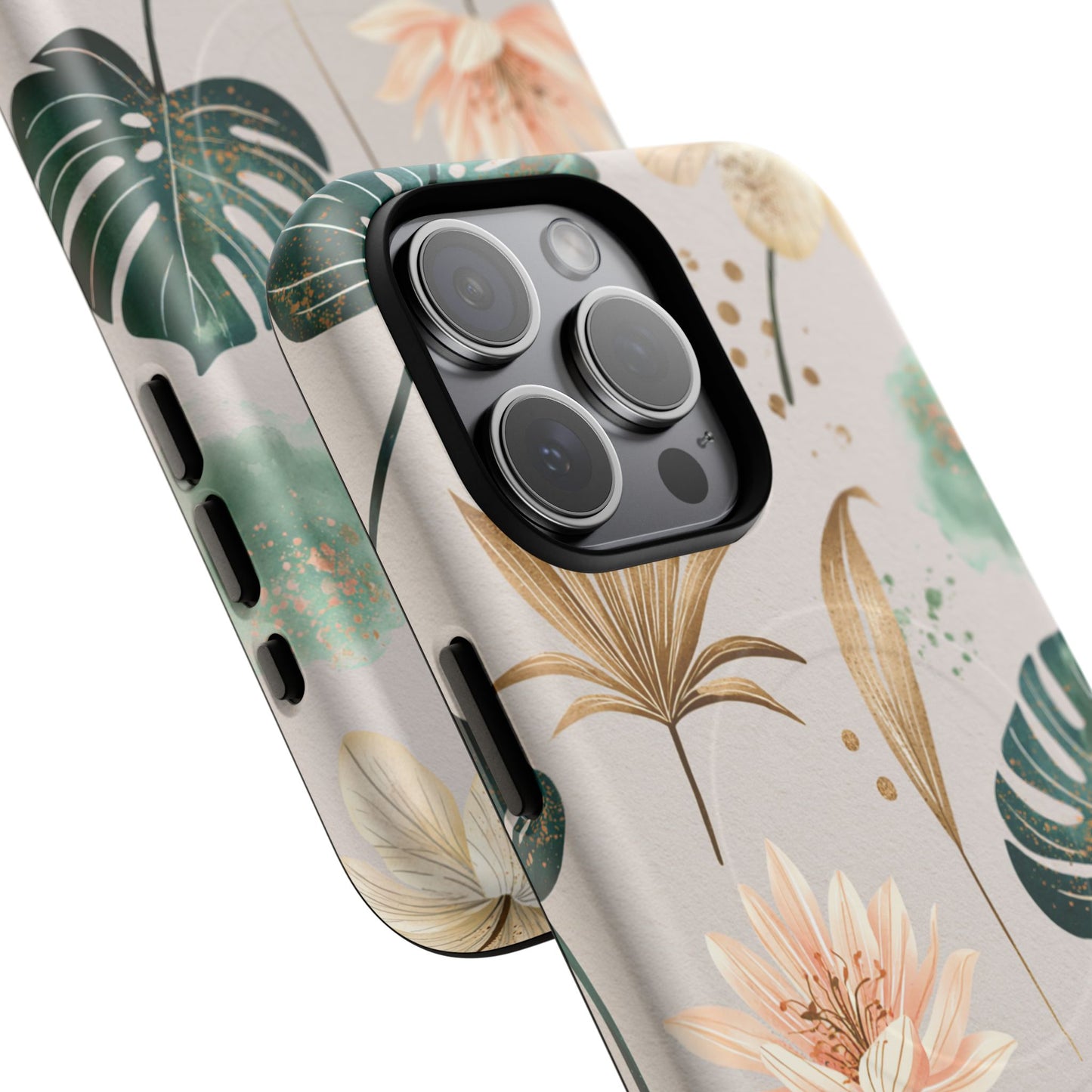 Floral Tropical Tough Magnetic Phone Case — Green Palm & Gold Leaf Design