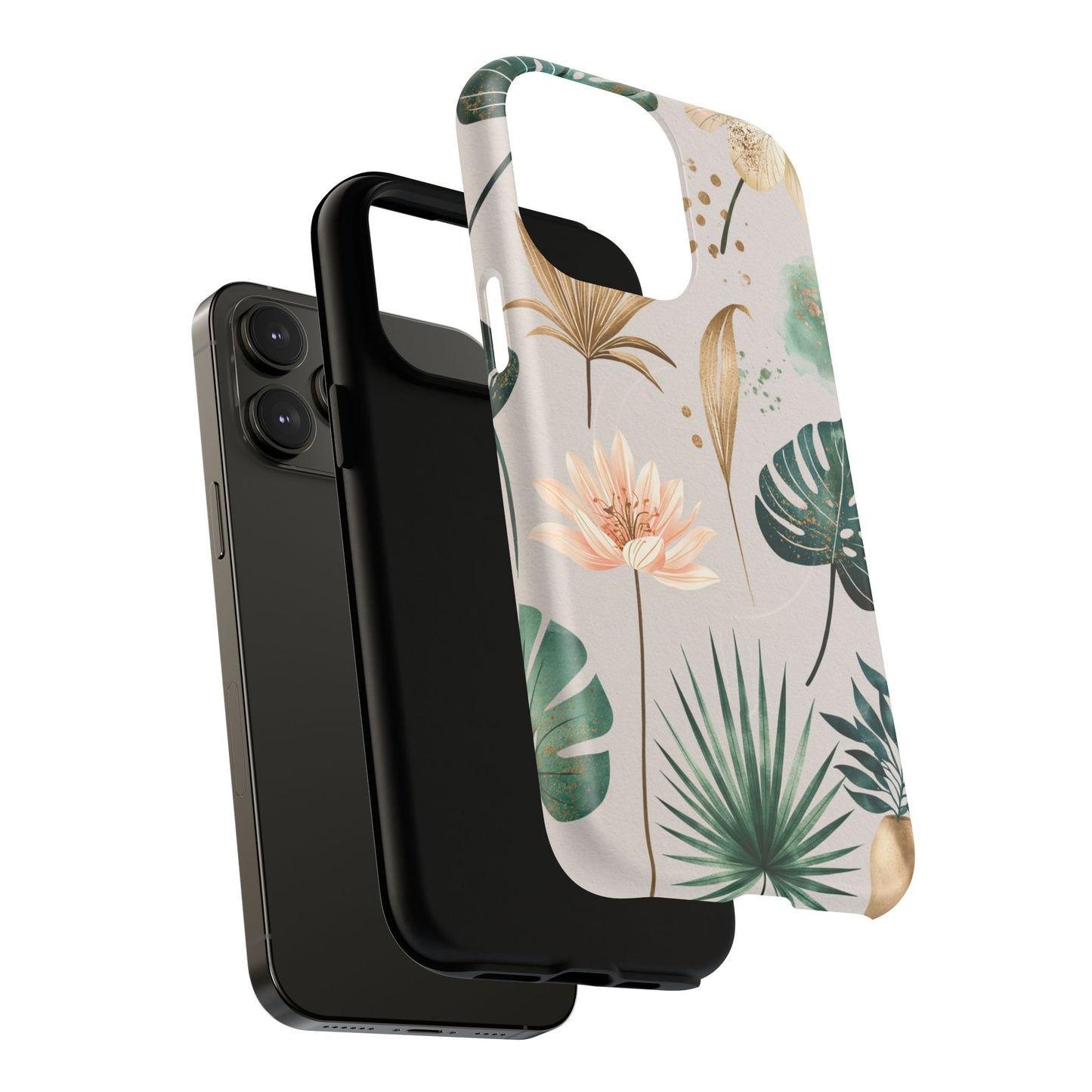 Floral Tropical Tough Magnetic Phone Case — Green Palm & Gold Leaf Design