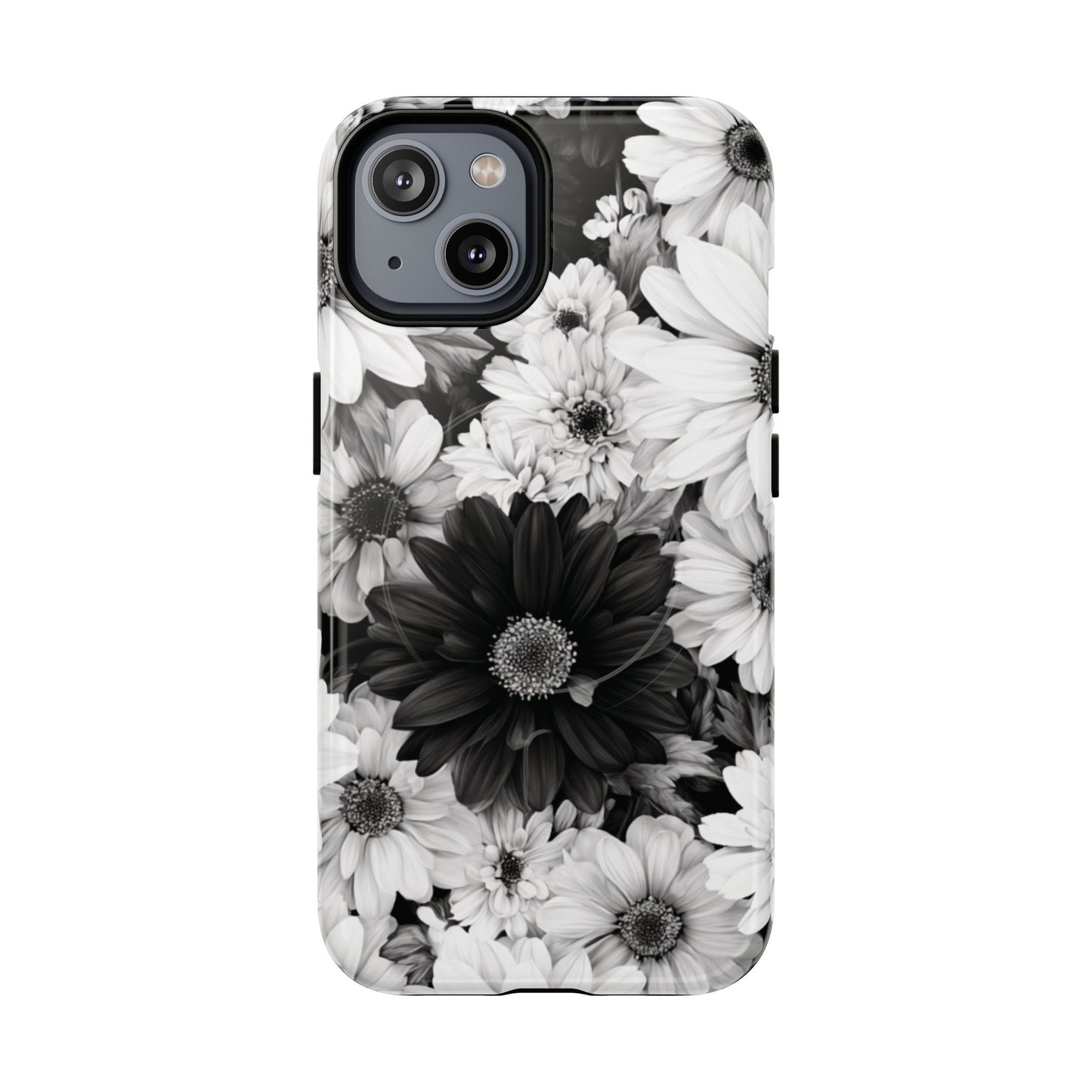 Black & White Floral Tough Magnetic Phone Case — Monochrome Daisy Protection