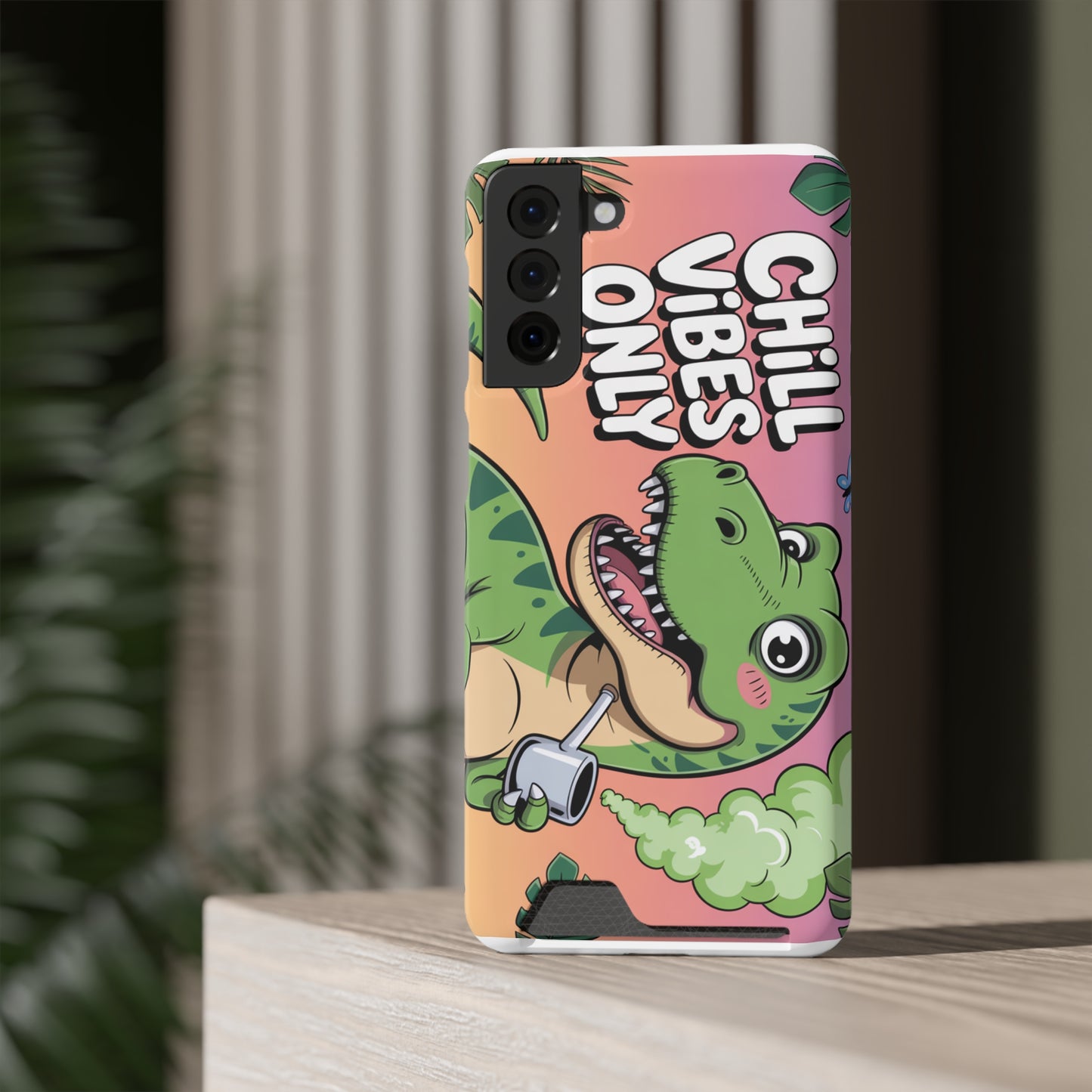 Chill Vibes Phone Case with Card Holder, Fun Dino Design for Teens, Cute Gift, Summer Vibes, Trendy Accessories