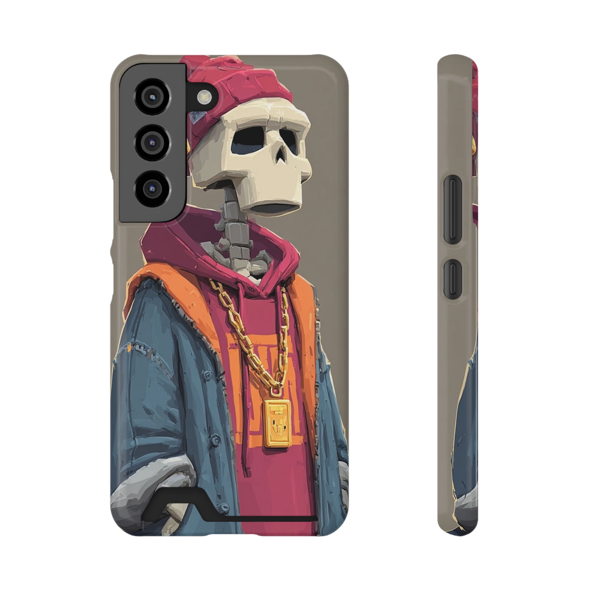 Slim skeleton skull phone case with card holder slot, shown from front and back
