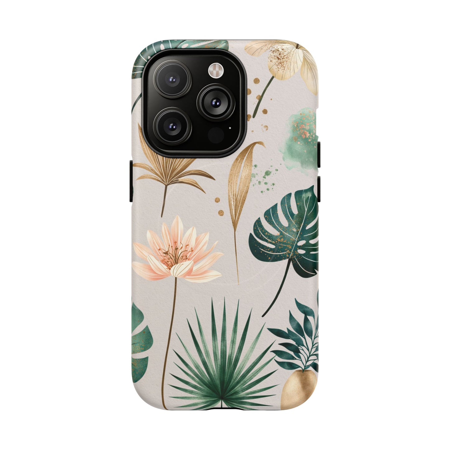 Floral Tropical Tough Magnetic Phone Case — Green Palm & Gold Leaf Design