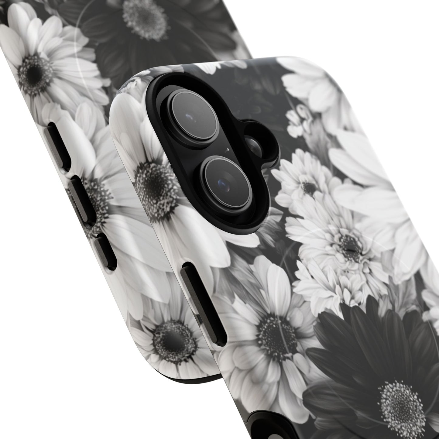 Black & White Floral Tough Magnetic Phone Case — Monochrome Daisy Protection