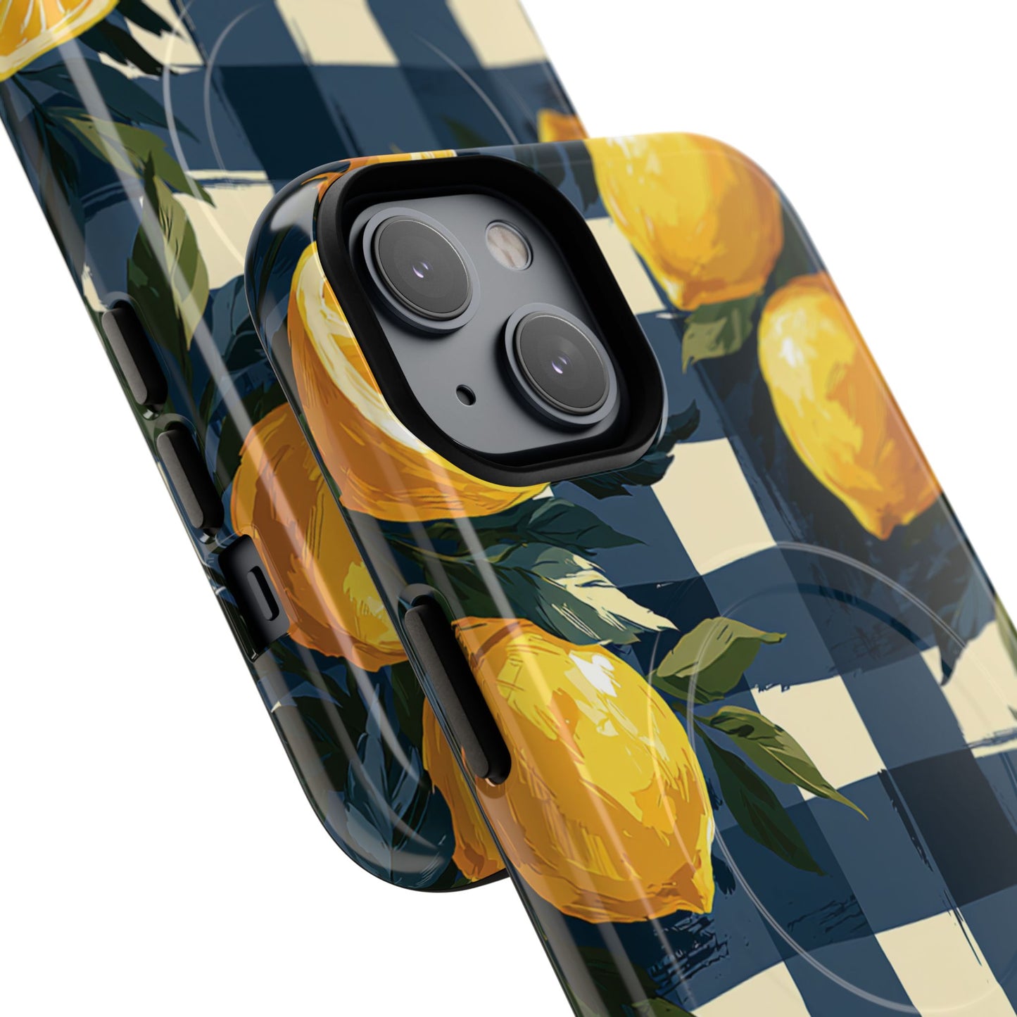 Lemon Check Tough Magnetic Phone Case — Blue Gingham Citrus Design