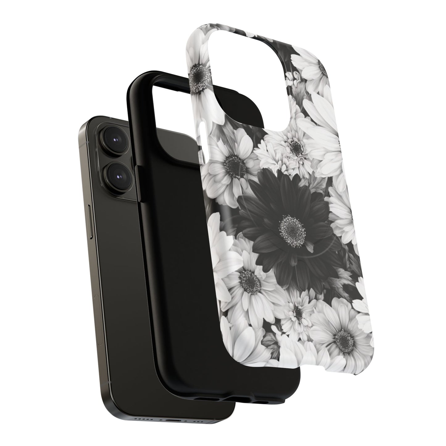 Black & White Floral Tough Magnetic Phone Case — Monochrome Daisy Protection