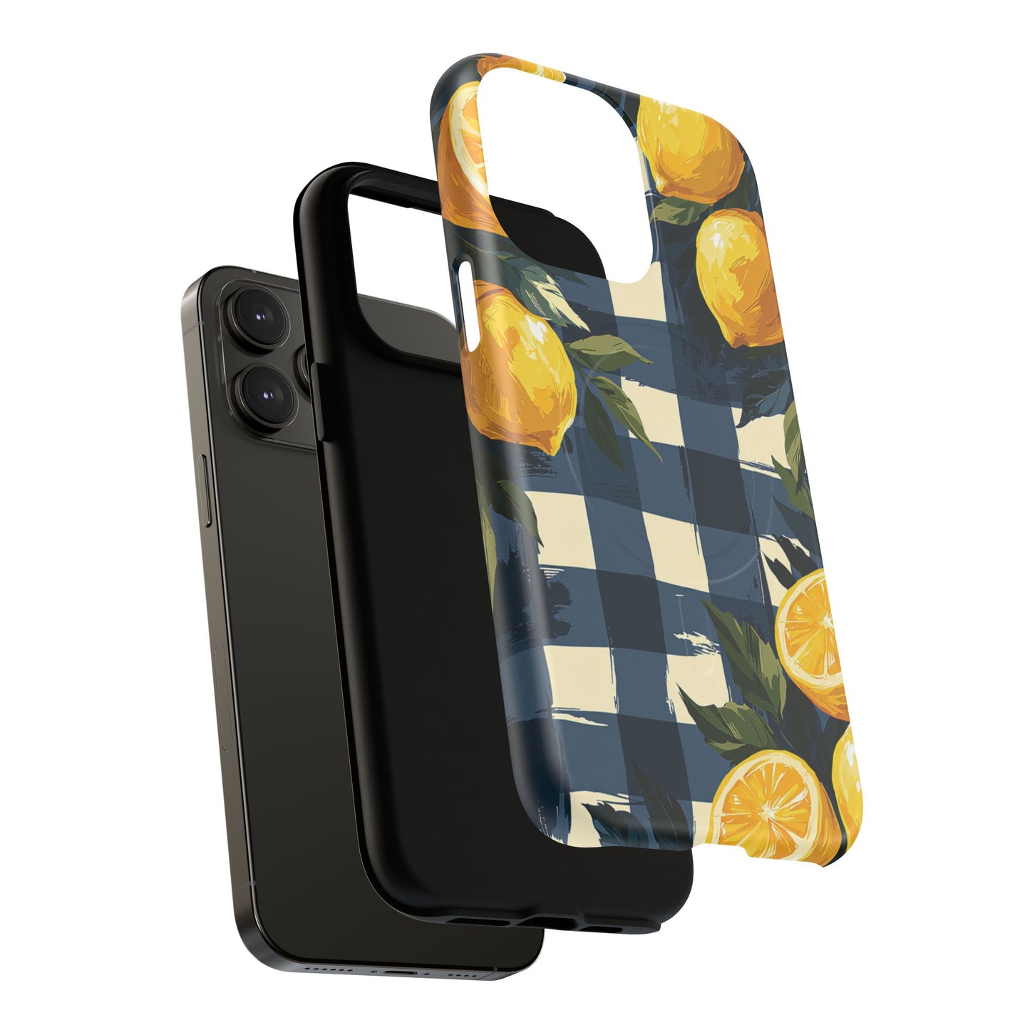 Lemon Check Tough Magnetic Phone Case — Blue Gingham Citrus Design