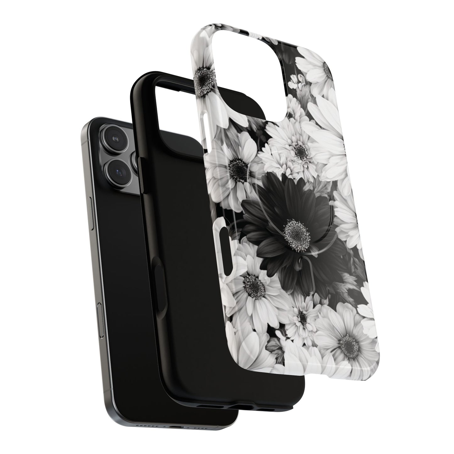 Black & White Floral Tough Magnetic Phone Case — Monochrome Daisy Protection
