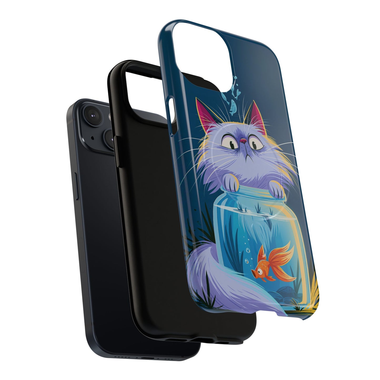 Magnetic Tough Phone Case — Playful Cat & Goldfish Illustration