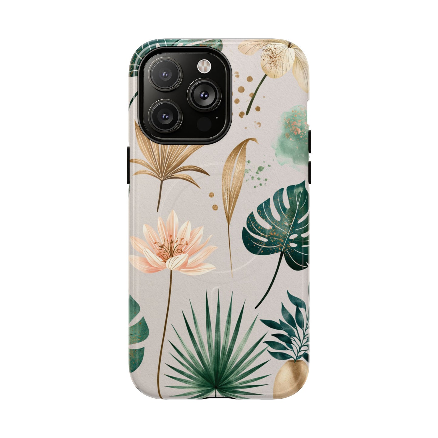 Floral Tropical Tough Magnetic Phone Case — Green Palm & Gold Leaf Design