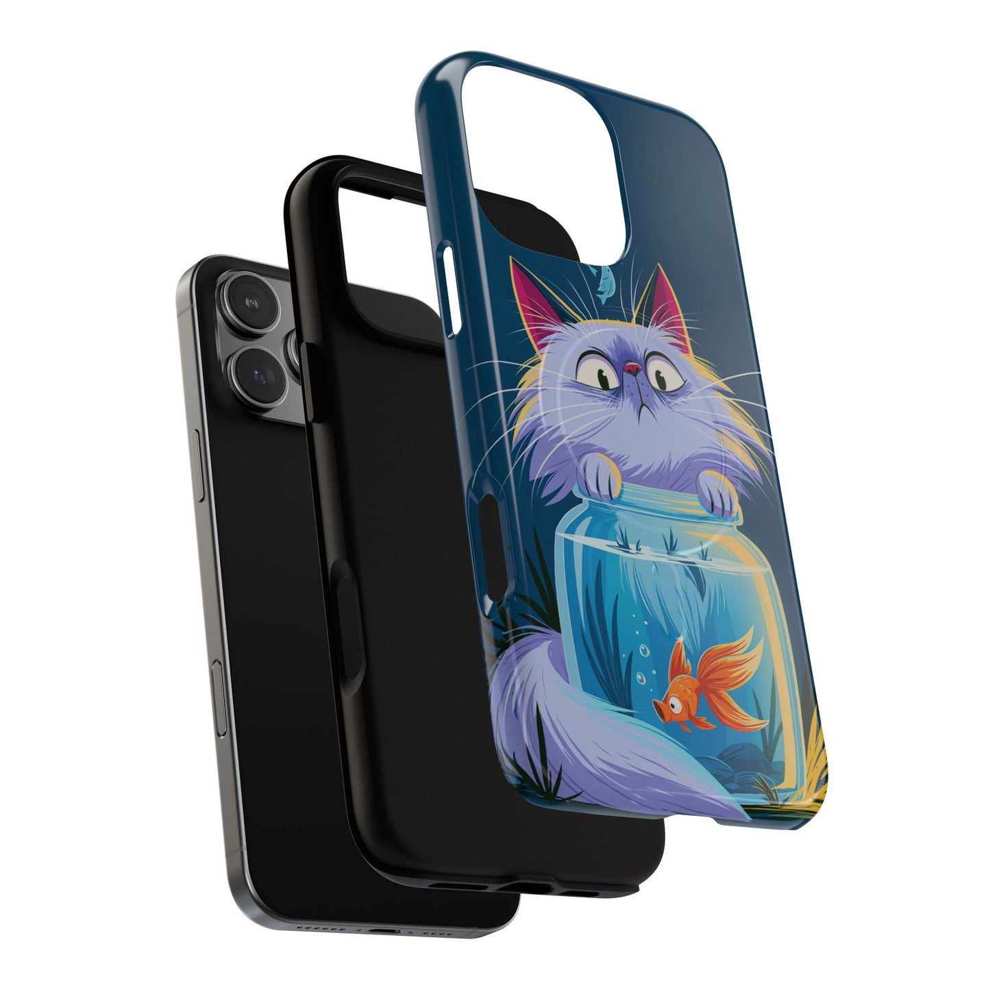 Magnetic Tough Phone Case — Playful Cat & Goldfish Illustration
