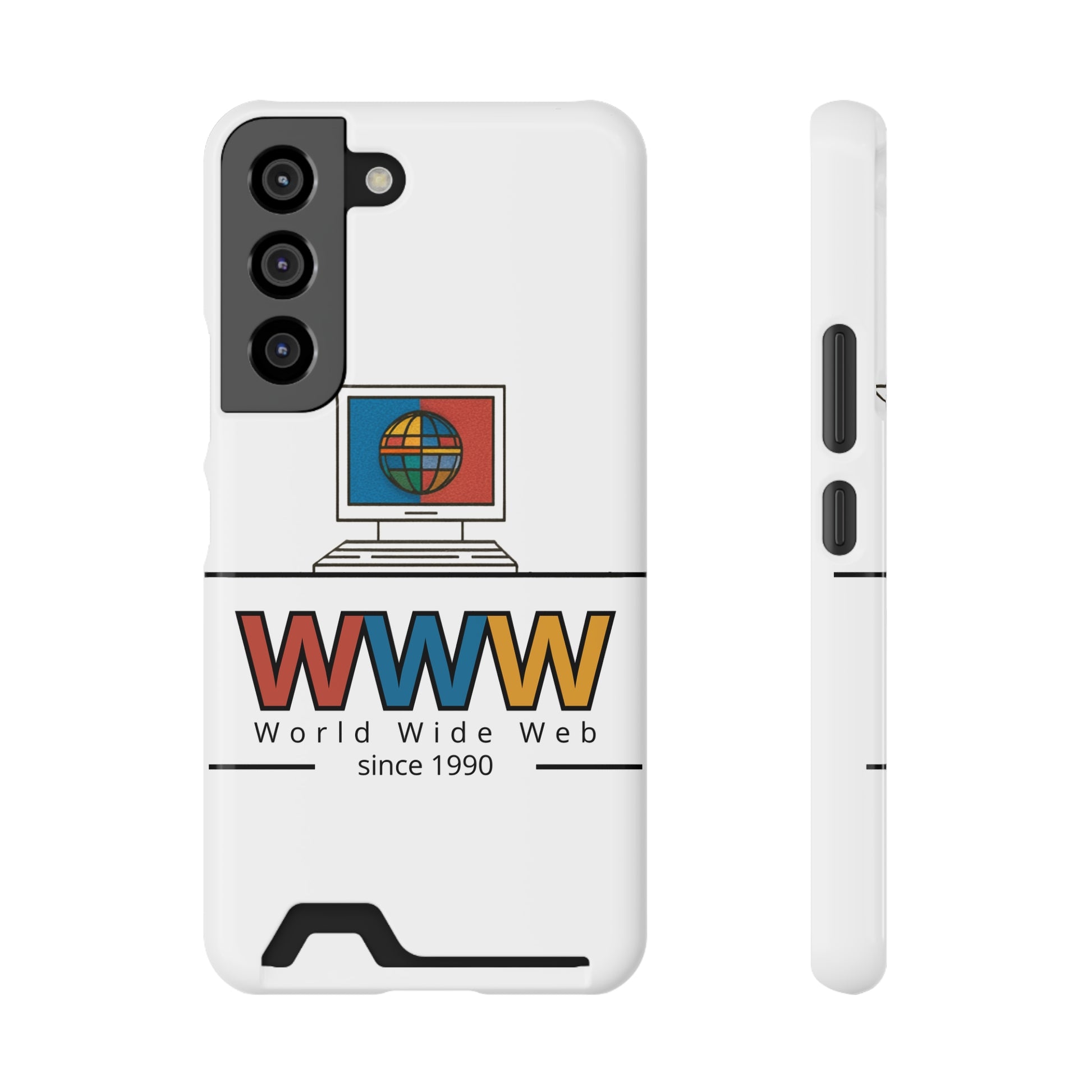 Retro World Wide Web graphic phone case with card holder featuring vintage computer-style design in vibrant colors