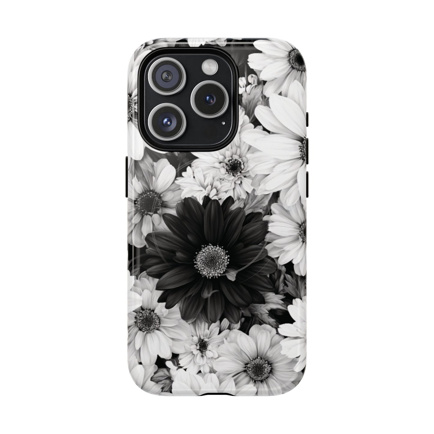 Black & White Floral Tough Magnetic Phone Case — Monochrome Daisy Protection