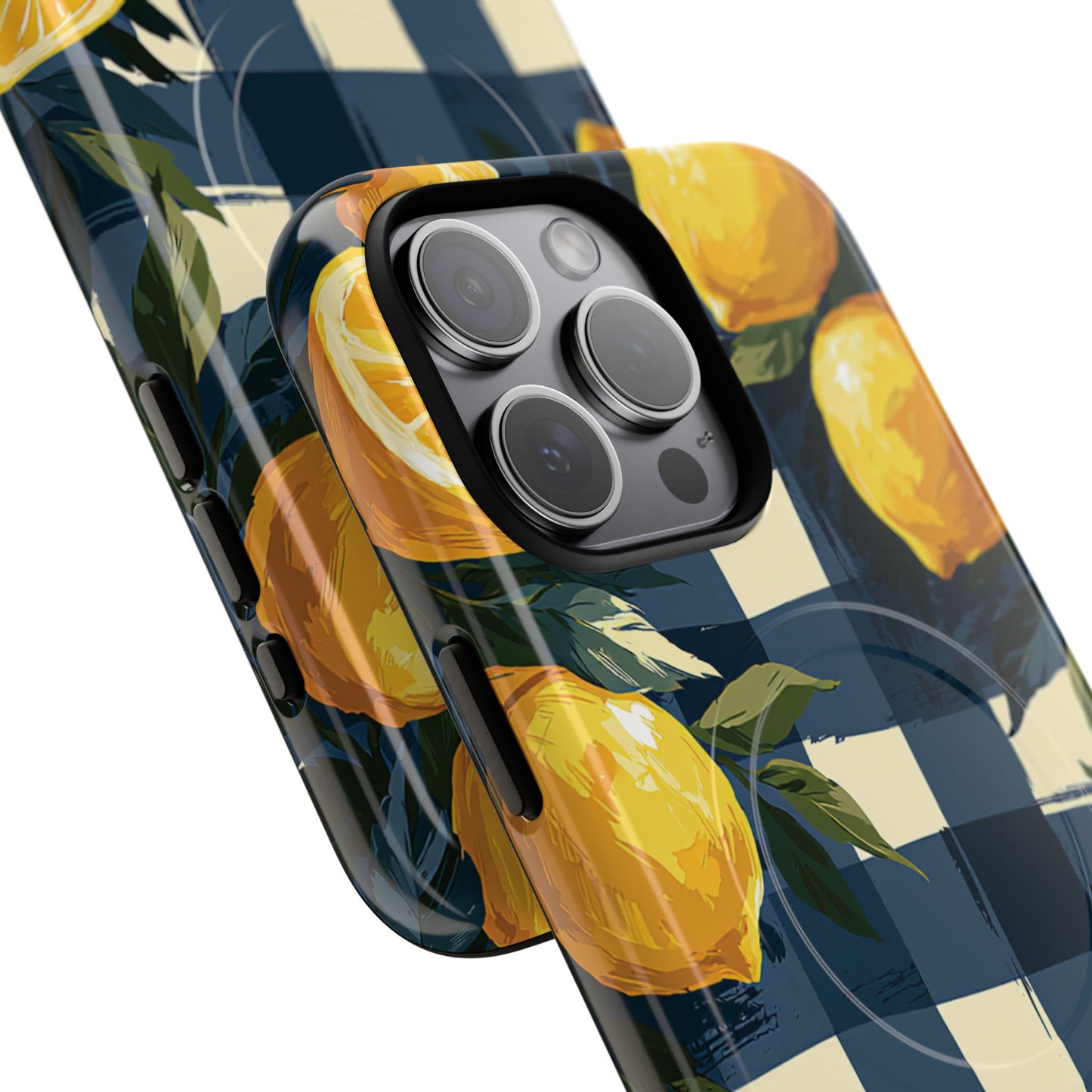 Lemon Check Tough Magnetic Phone Case — Blue Gingham Citrus Design