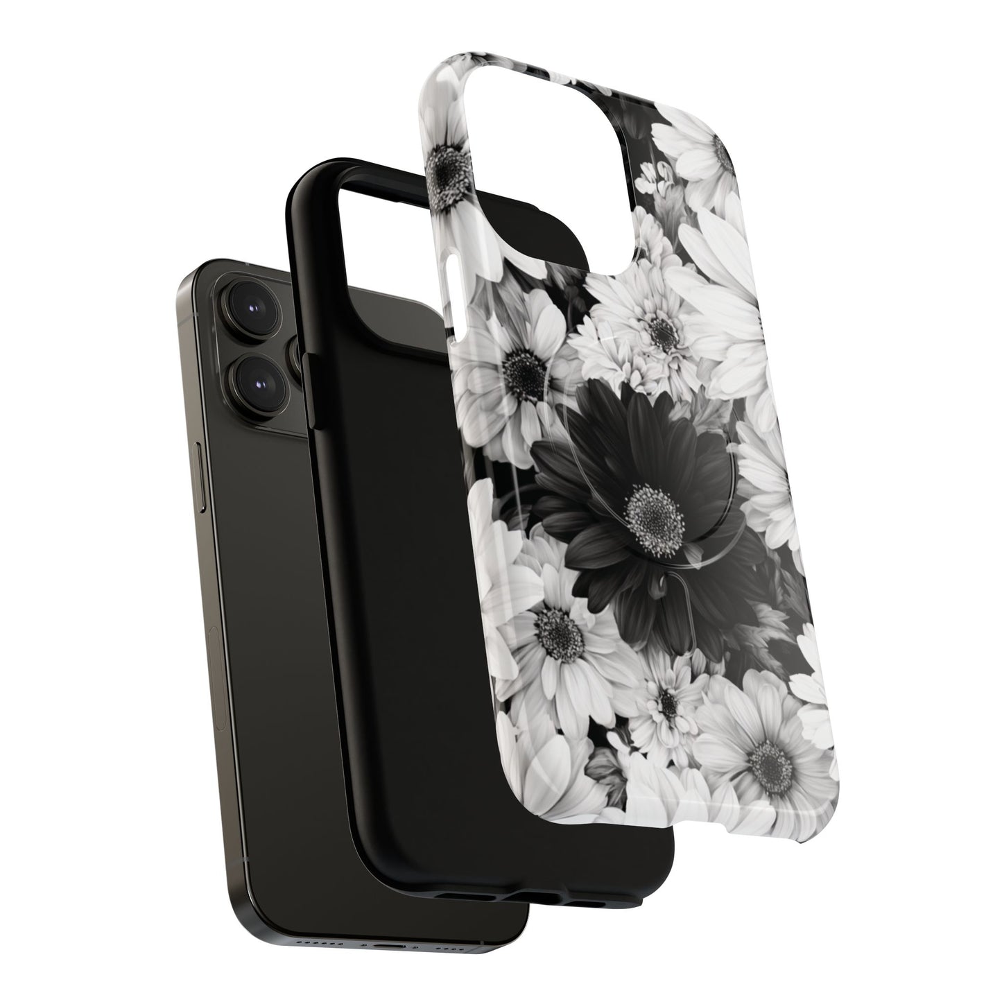 Black & White Floral Tough Magnetic Phone Case — Monochrome Daisy Protection