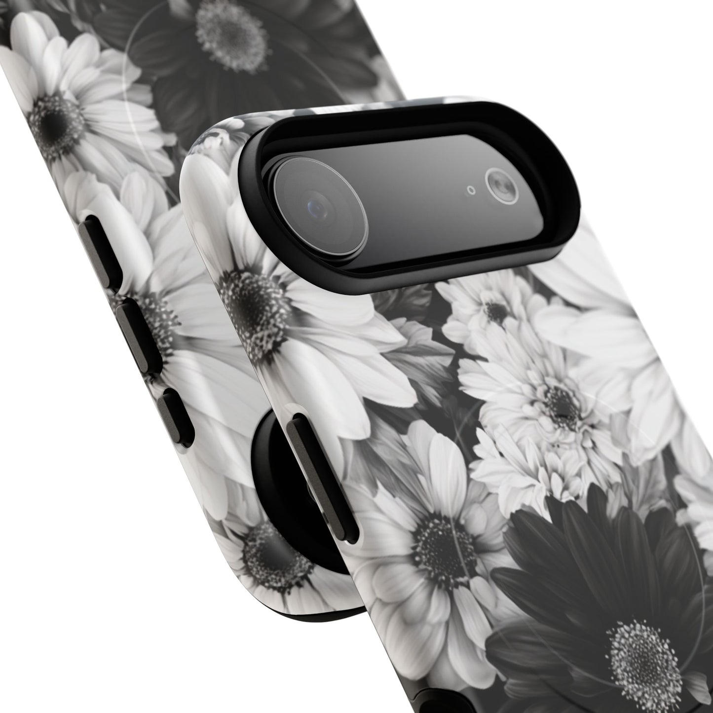 Black & White Floral Tough Magnetic Phone Case — Monochrome Daisy Protection
