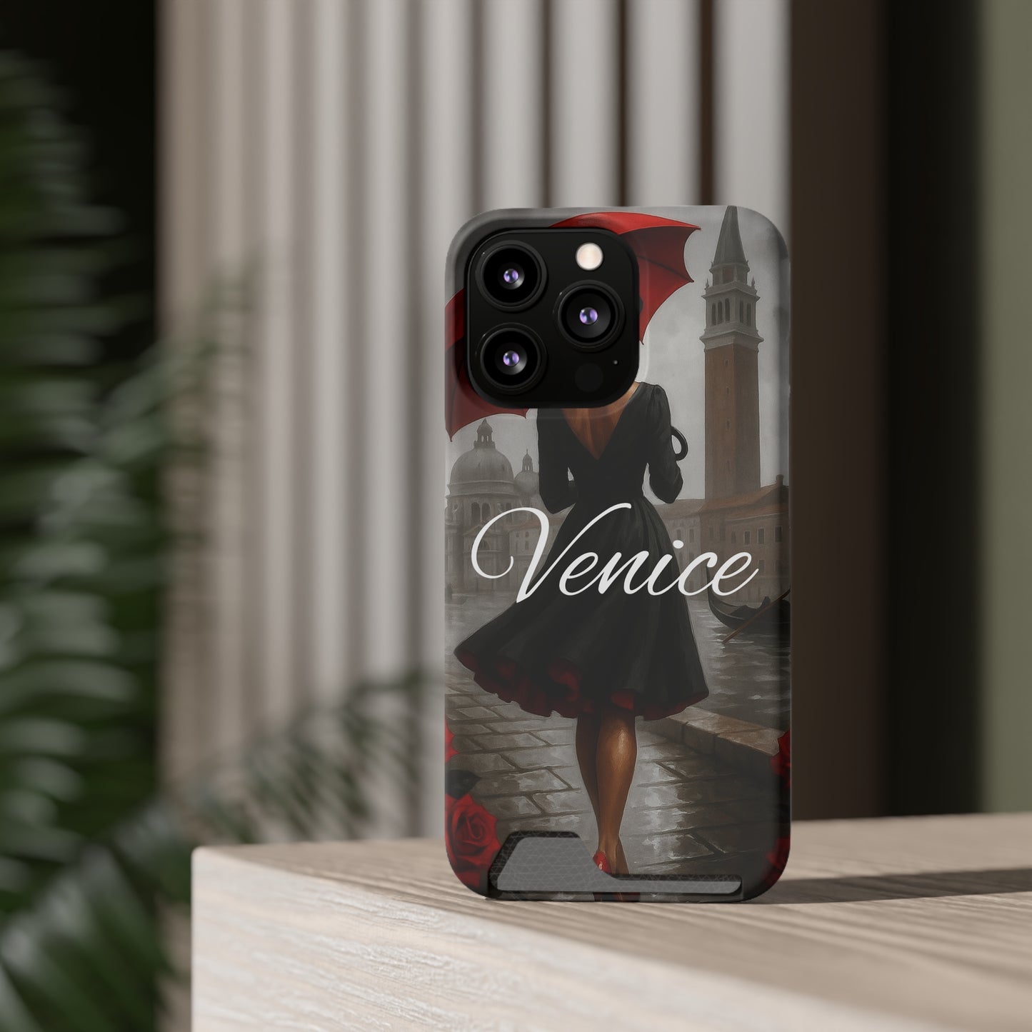 Phone Case With Card Holder, Venice Woman Design, Rainy Day Phone Wallet, Traveler Gift, Italian Art Accessory, Cute Cellphone Cover