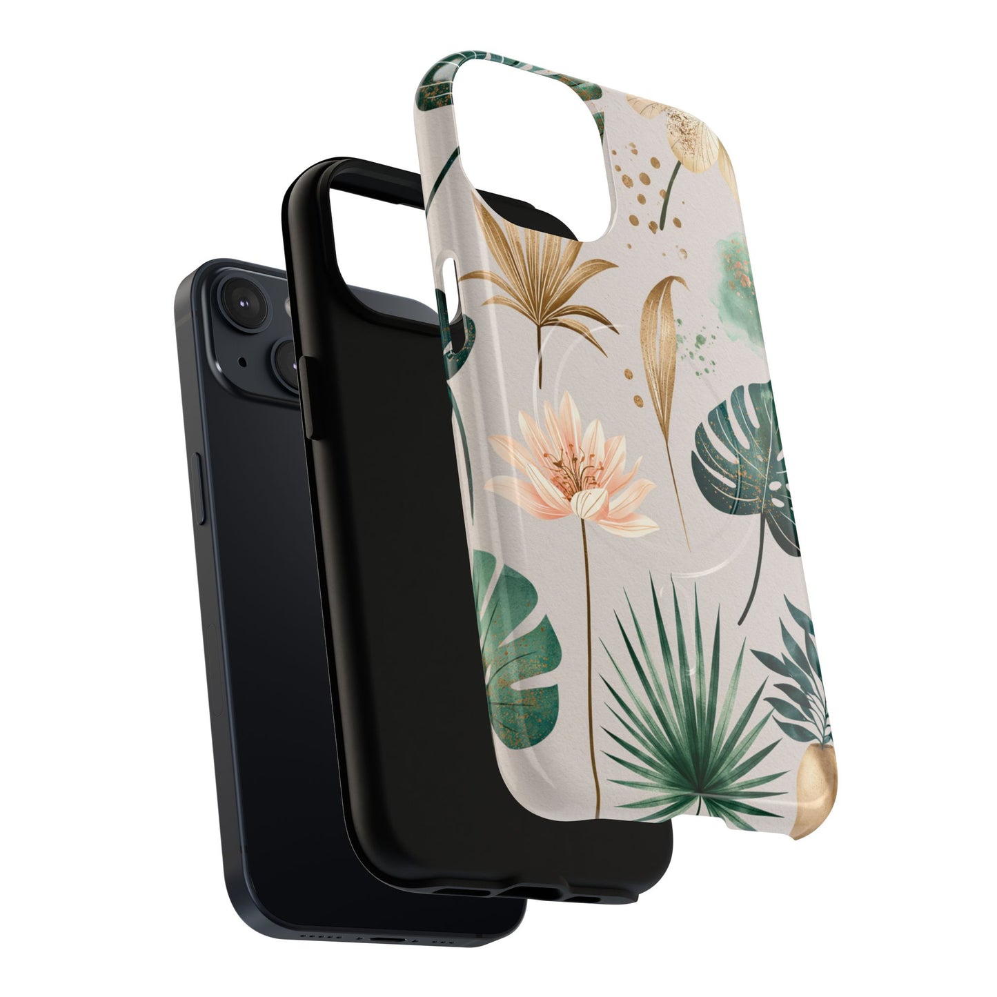 Floral Tropical Tough Magnetic Phone Case — Green Palm & Gold Leaf Design