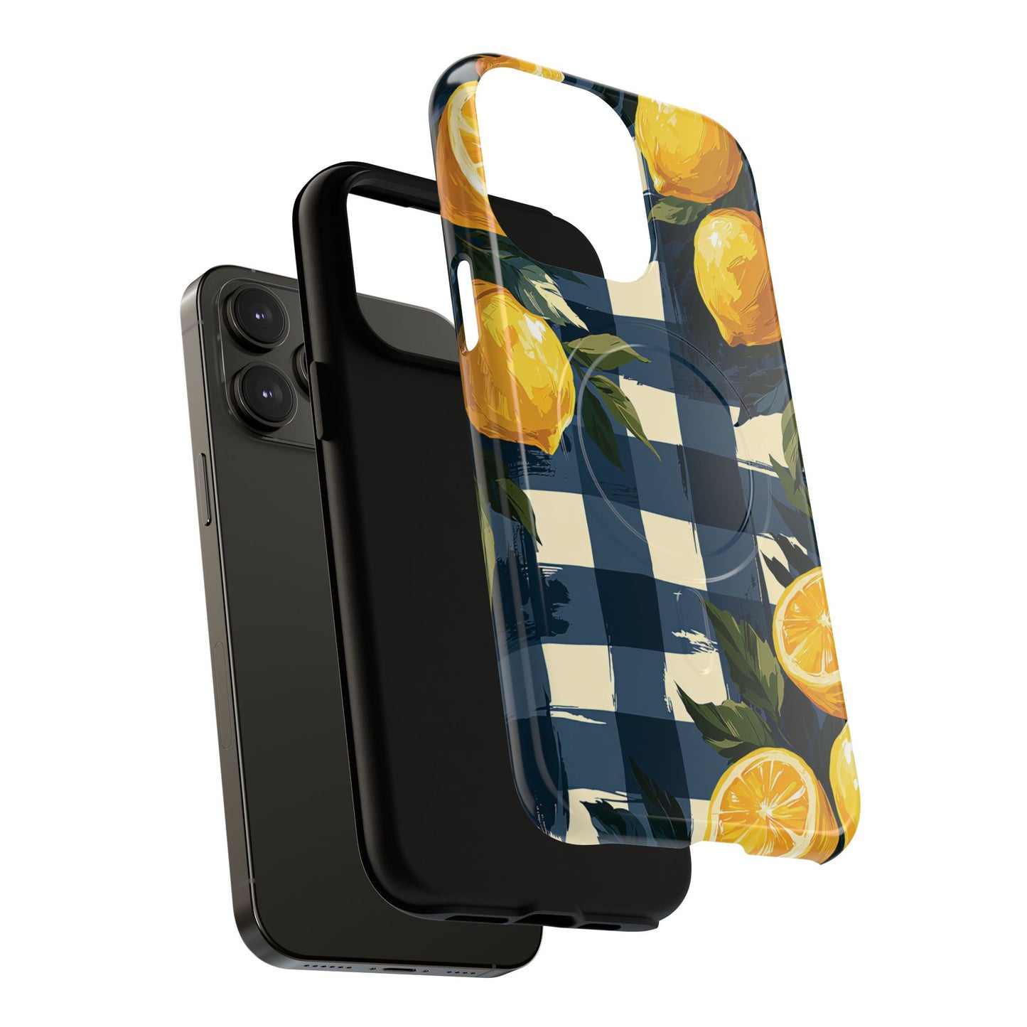Lemon Check Tough Magnetic Phone Case — Blue Gingham Citrus Design