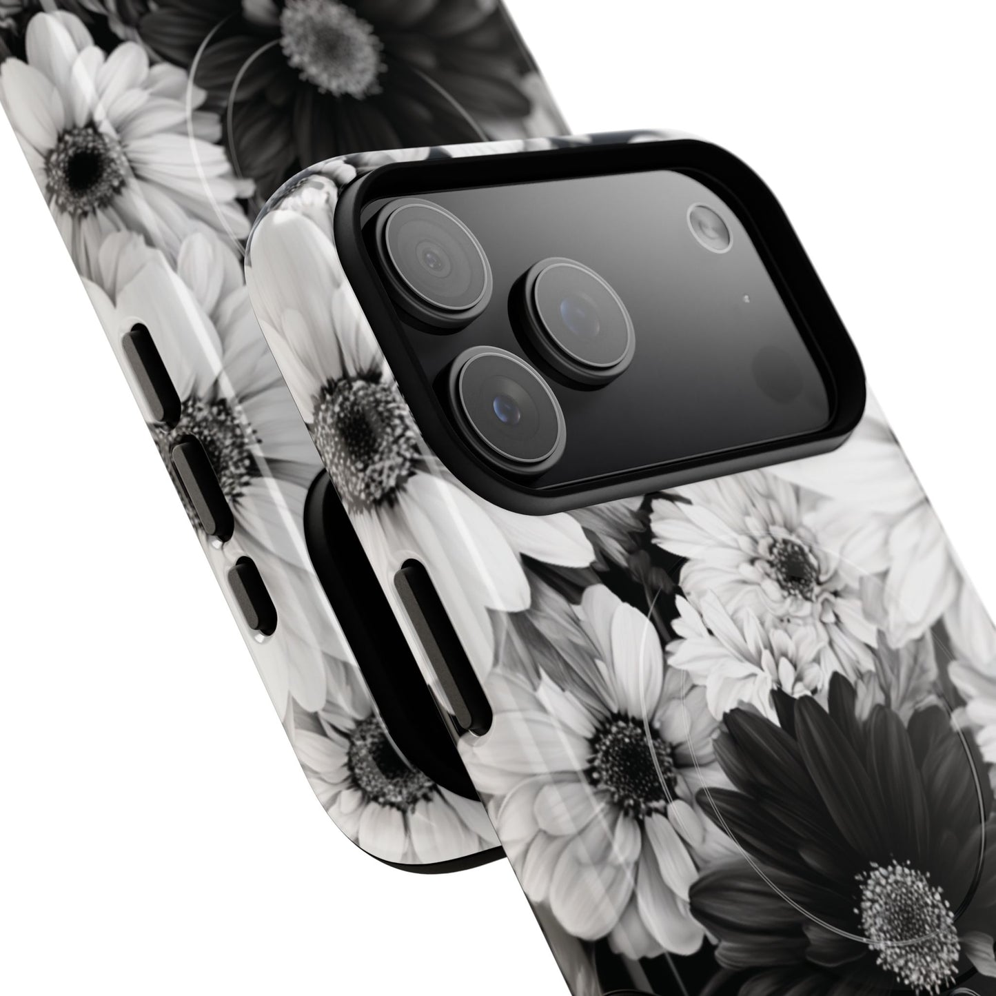 Black & White Floral Tough Magnetic Phone Case — Monochrome Daisy Protection