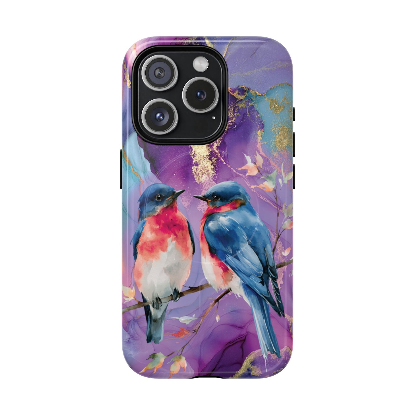 Bird Pair Tough Magnetic Phone Case — Purple Watercolor Floral Design