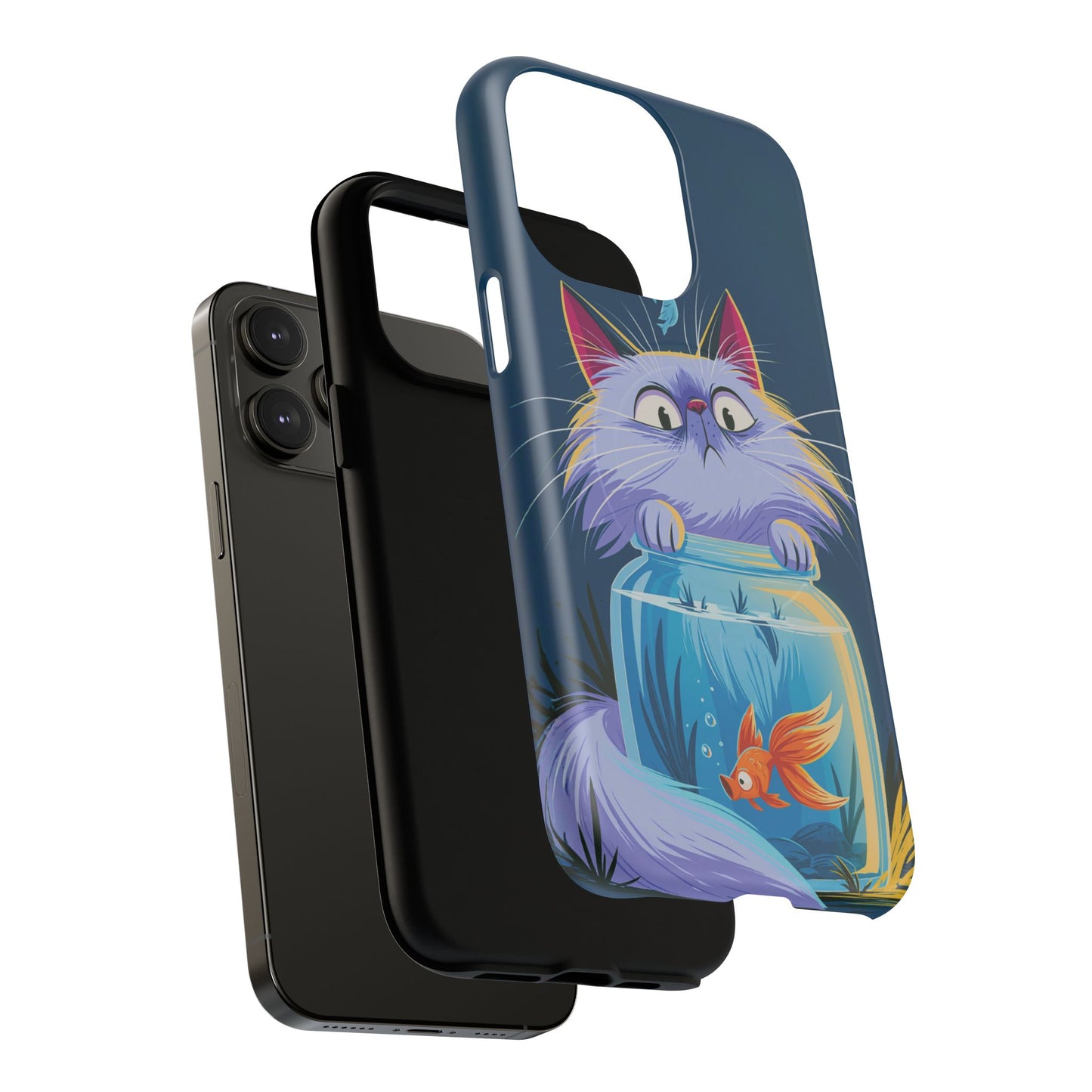 Magnetic Tough Phone Case — Playful Cat & Goldfish Illustration
