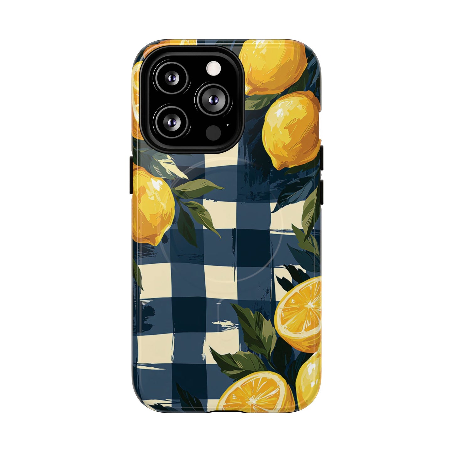 Lemon Check Tough Magnetic Phone Case — Blue Gingham Citrus Design